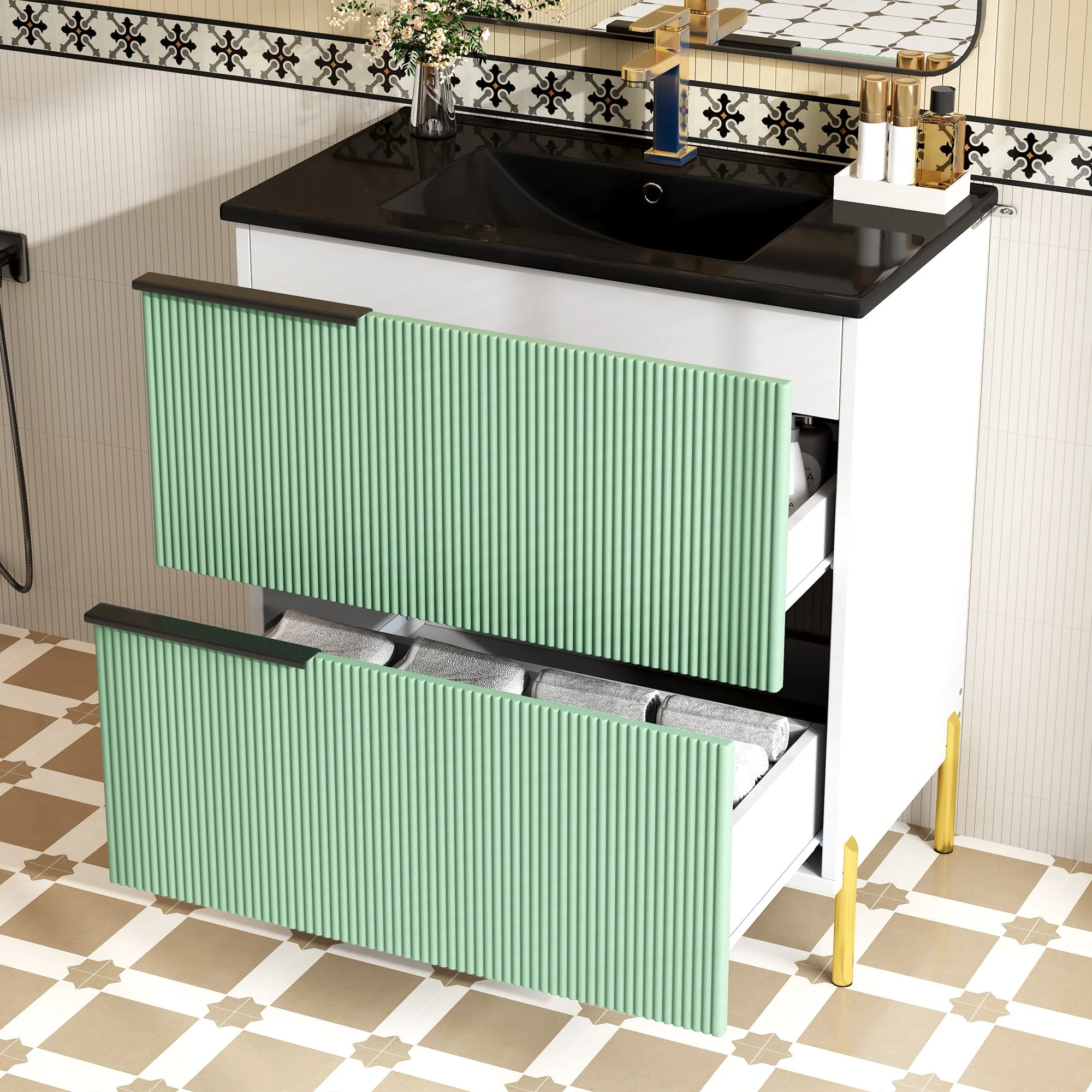 Bathroom Vanity Unit with Ceramic Sink and Storage Drawers, Green - Image 2