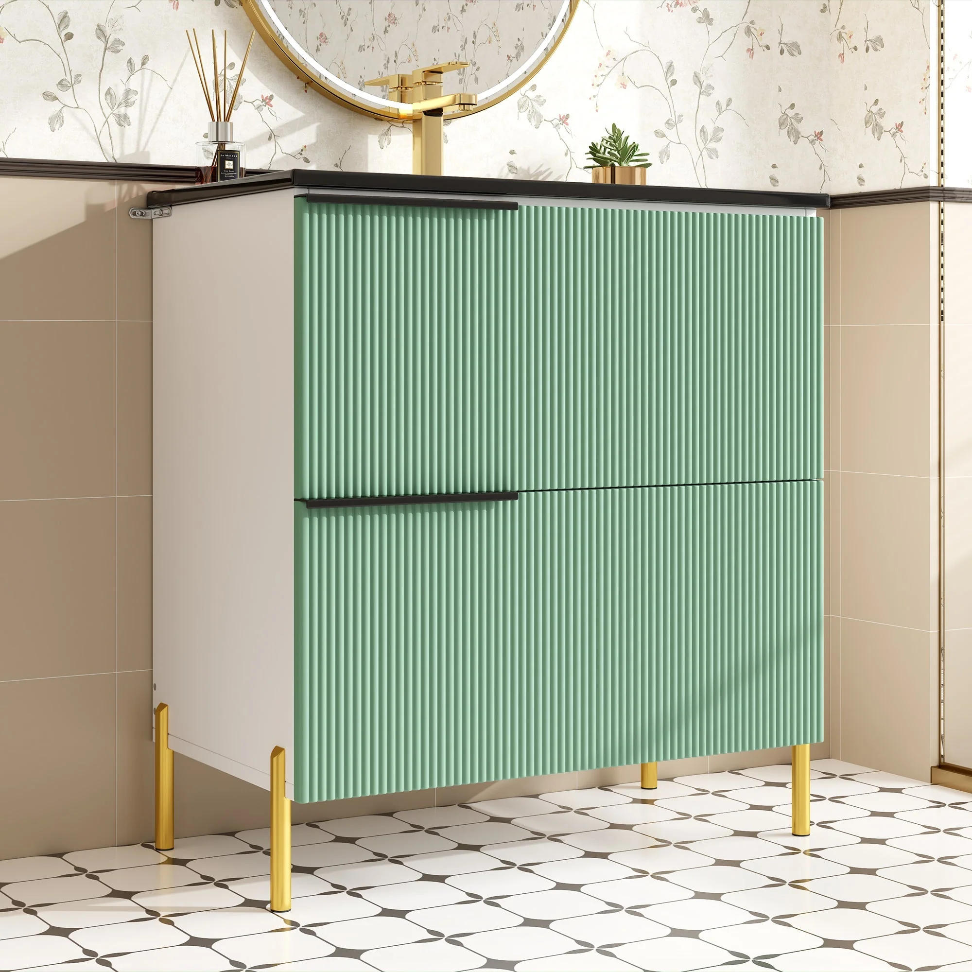 Bathroom Vanity Unit with Ceramic Sink and Storage Drawers, Green - Image 3