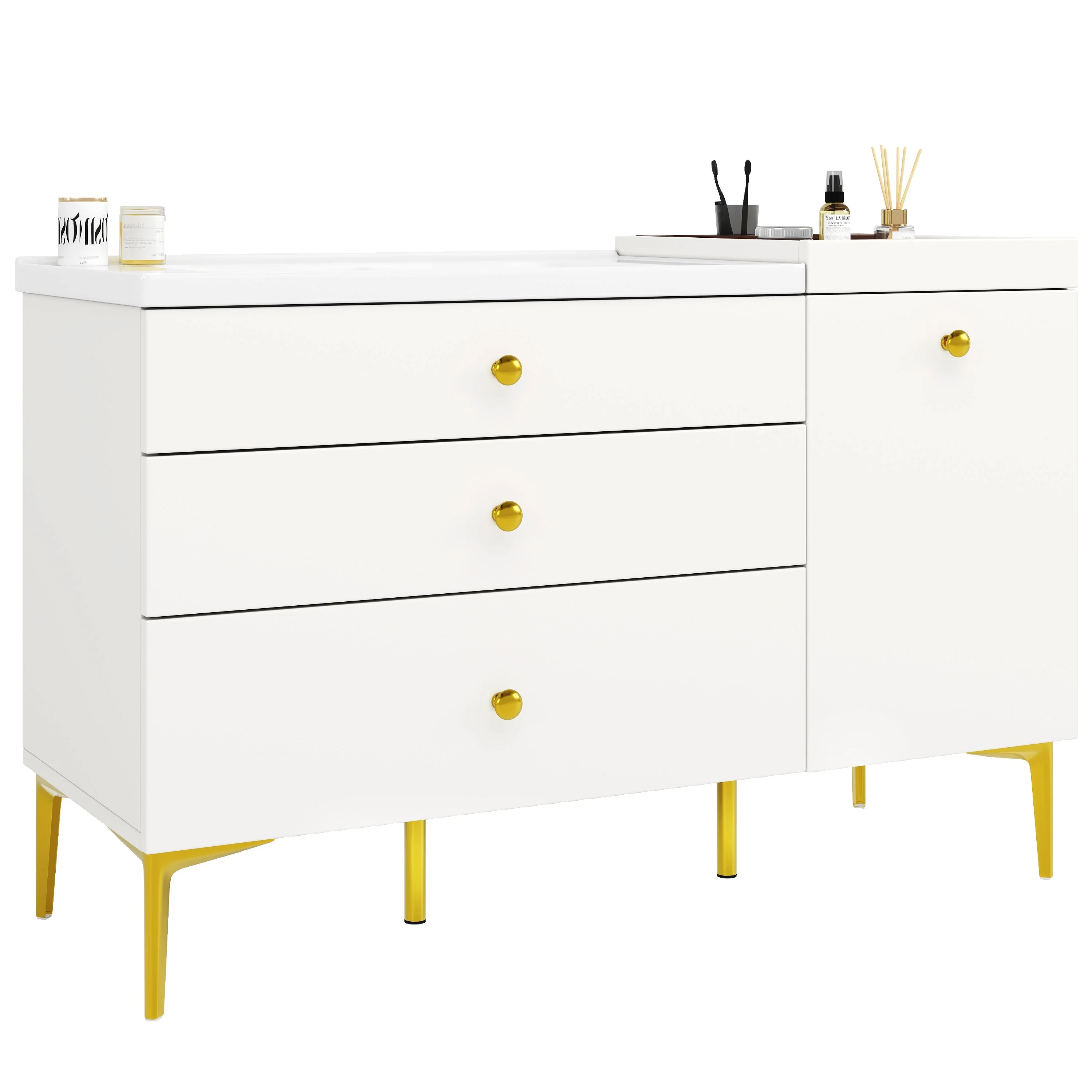 Bathroom Vanity Unit with Ceramic Sink and Storage Drawers, White and Gold - Image 9