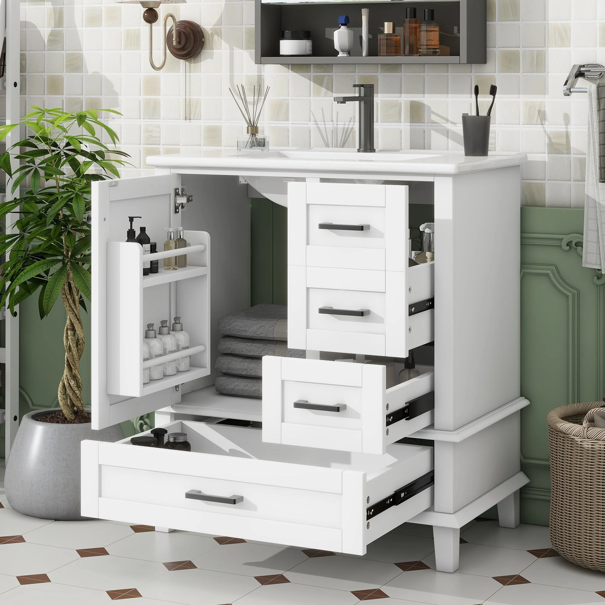 Bathroom Vanity Unit with Ceramic Sink and Three Silent Drawers, White - Image 2
