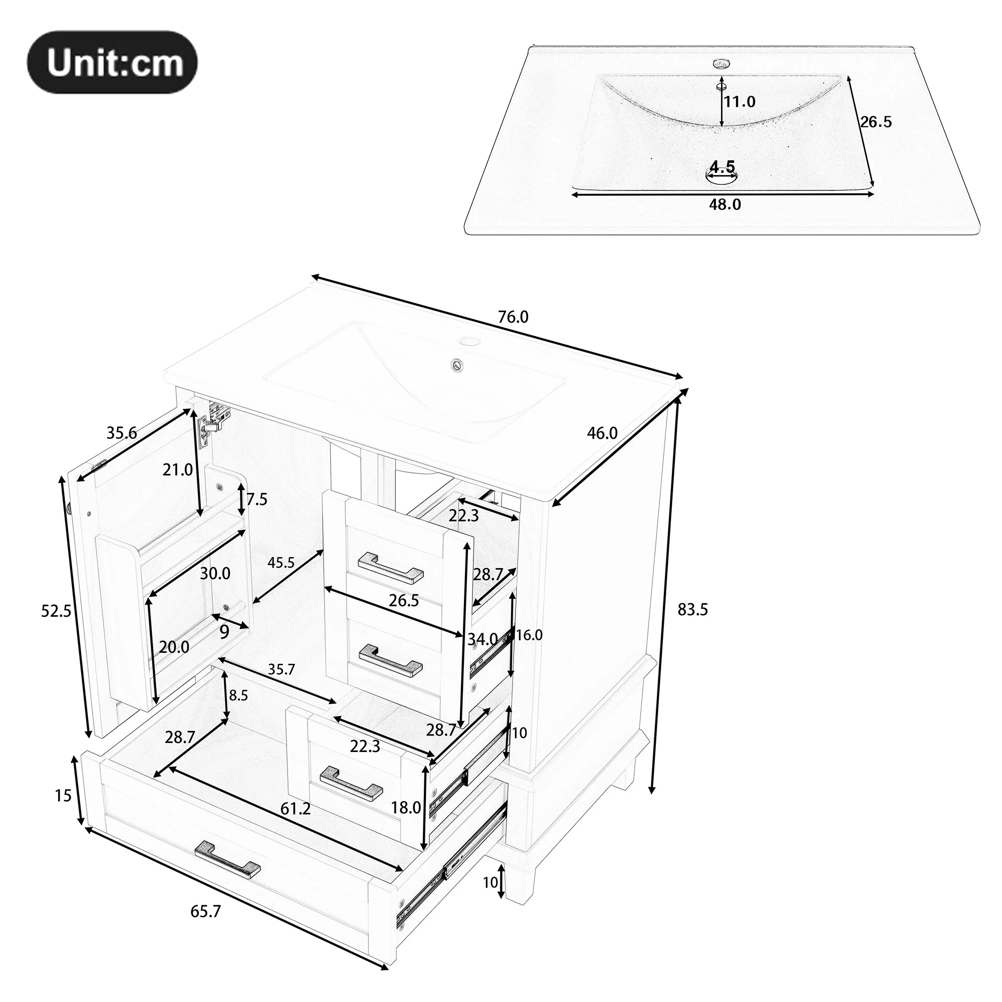 Bathroom Vanity Unit with Ceramic Sink and Three Silent Drawers, White - Image 9