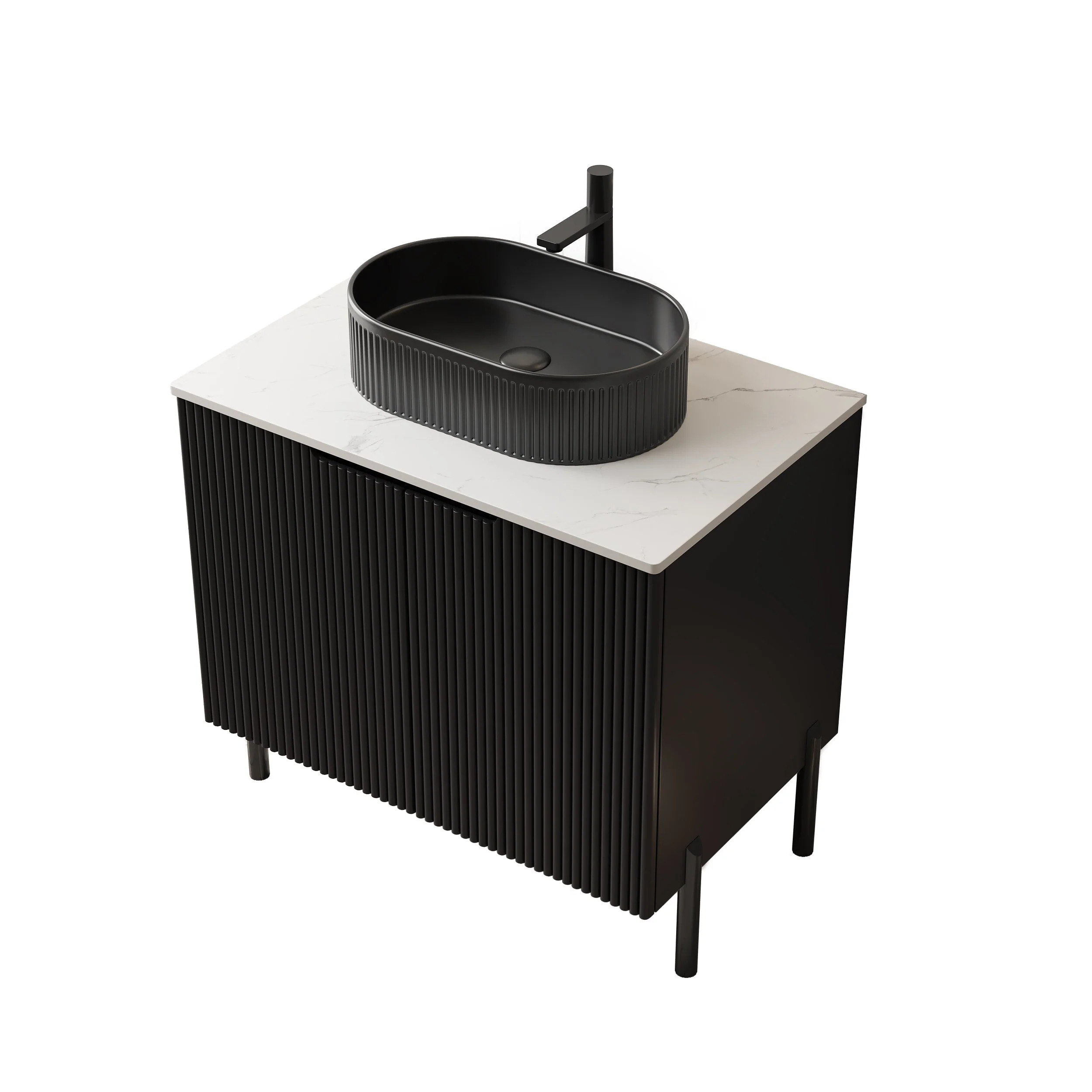 Bathroom Vanity Unit with Oval Ceramic Basin and Sintered Stone Countertop, Black - Image 4