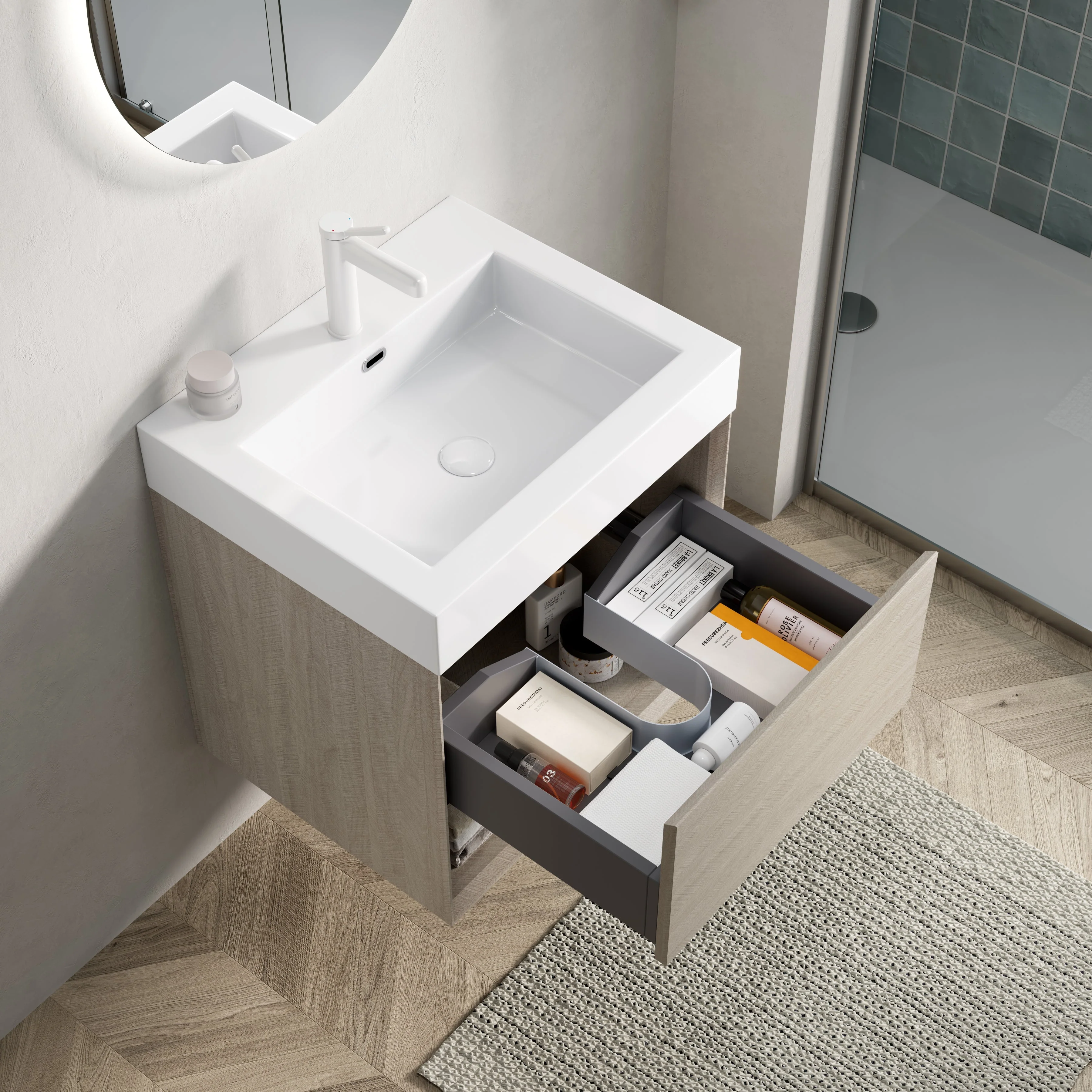 Bathroom Vanity Unit with Resin Basin and Storage, Light Oak Wood Grain - Image 5