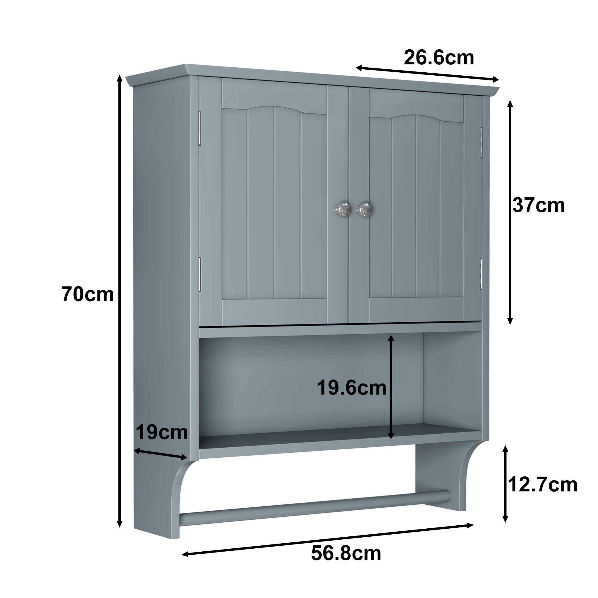 Bathroom Wall Cabinet, 2 Doors, Open Shelves & Towel Rail, Grey - Image 2
