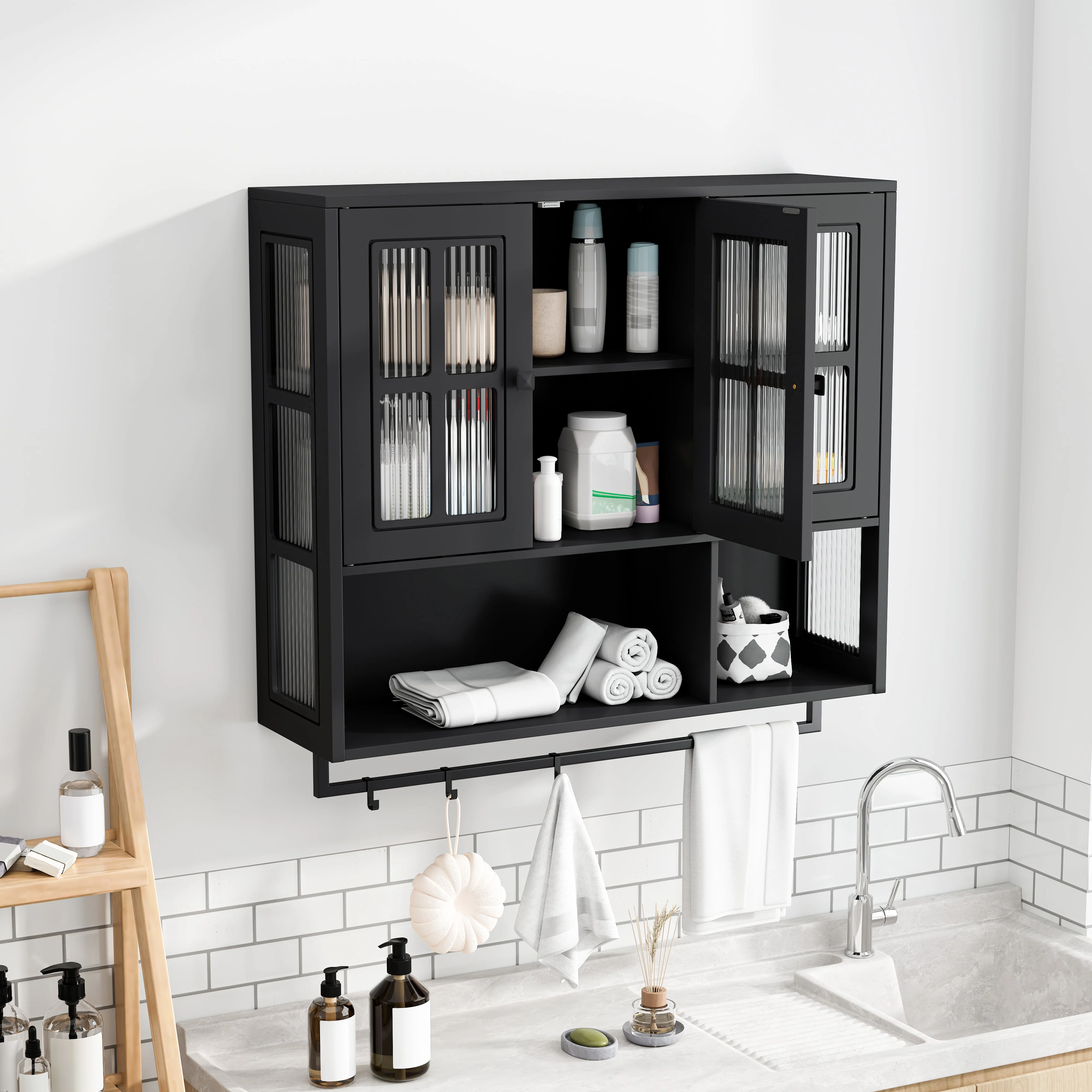 Bathroom Wall Cabinet 3-Door Wooden Glass Door Towel Bar, Black - Image 3