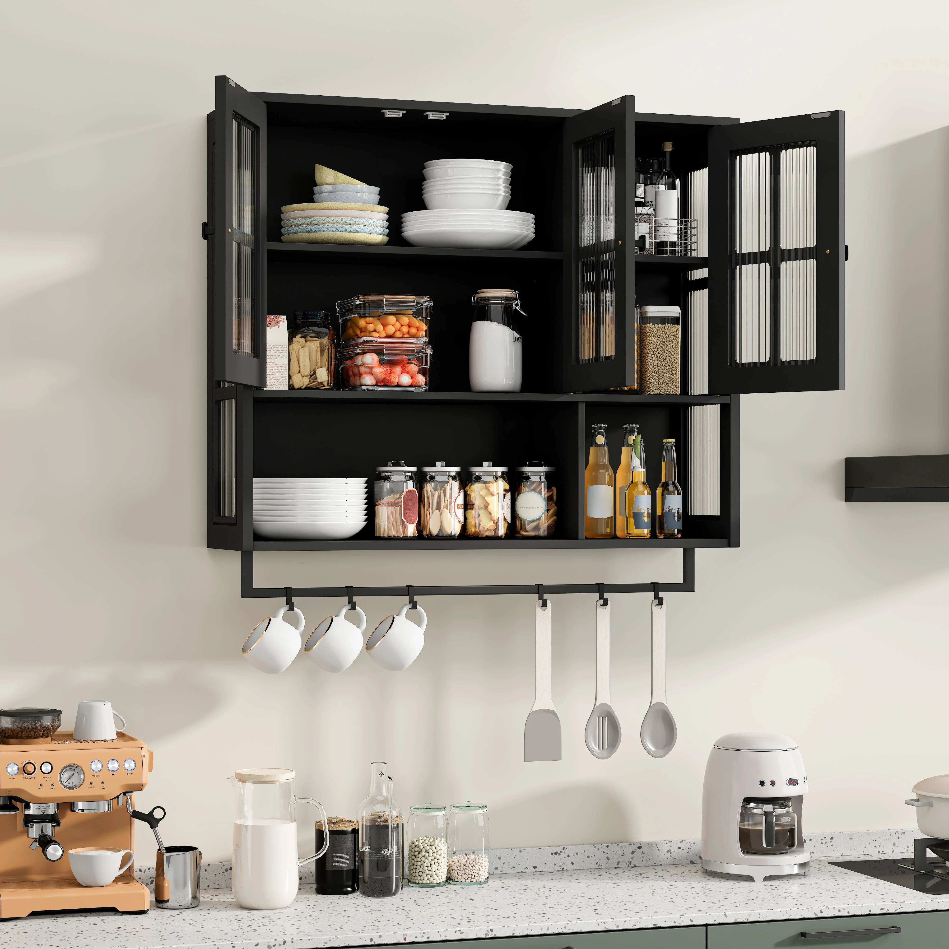 Bathroom Wall Cabinet 3-Door Wooden Glass Door Towel Bar, Black - Image 4