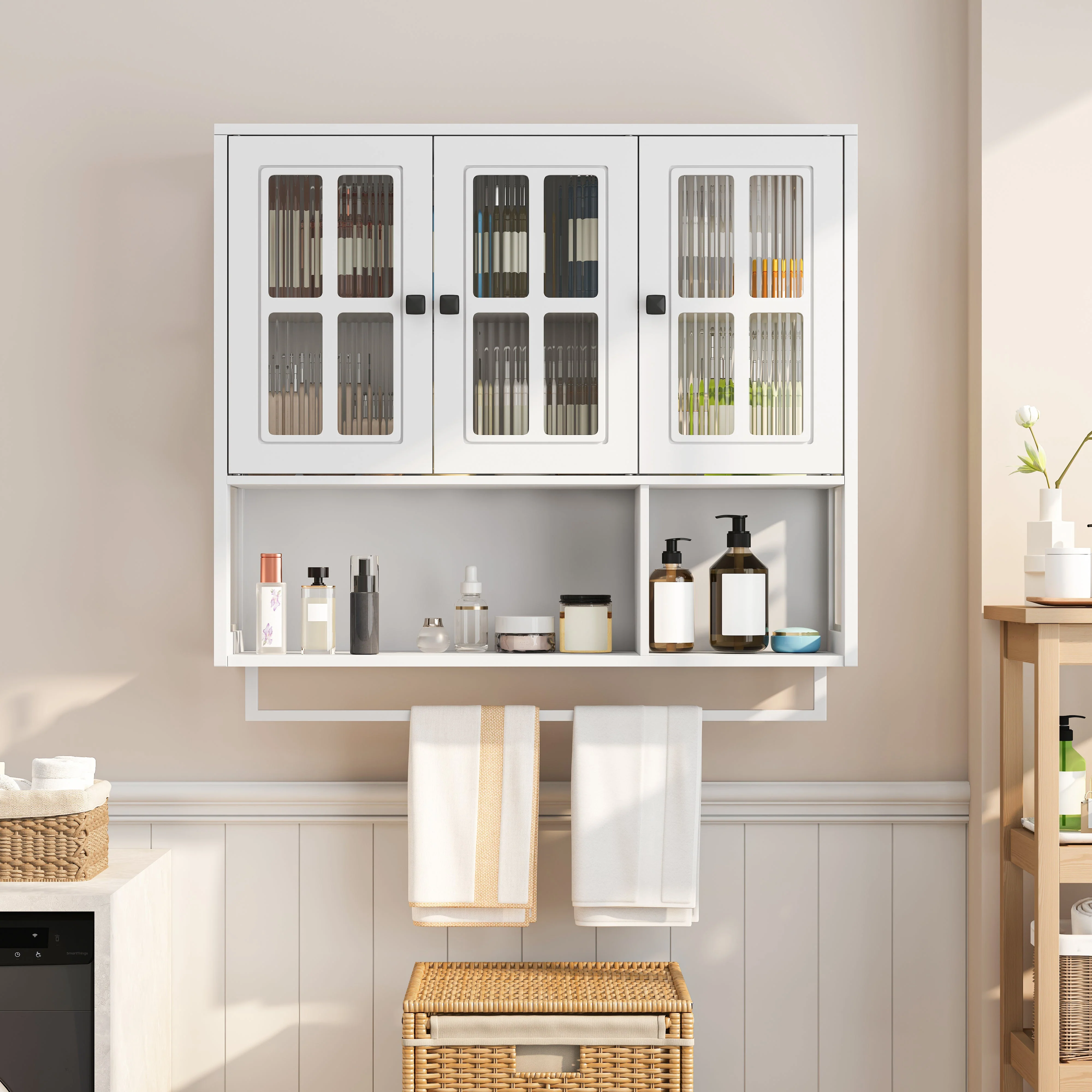 Bathroom Wall Cabinet, 3-Door Wooden with Open/Hidden Storage & Towel Bar, White