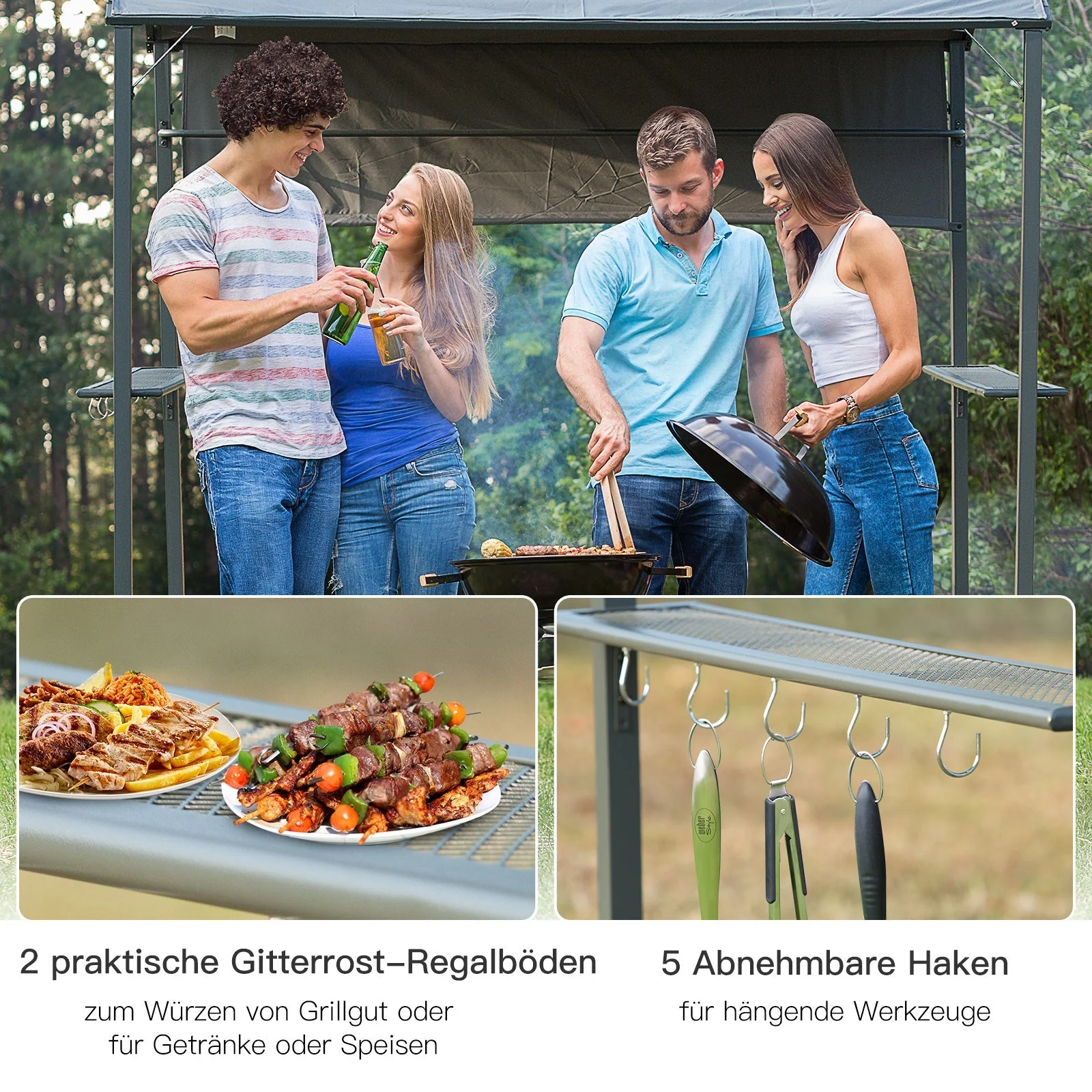 BBQ Gazebo, Flame-Retardant Roof 2 Shelves 218x138x216cm, Black Polyester - Image 4