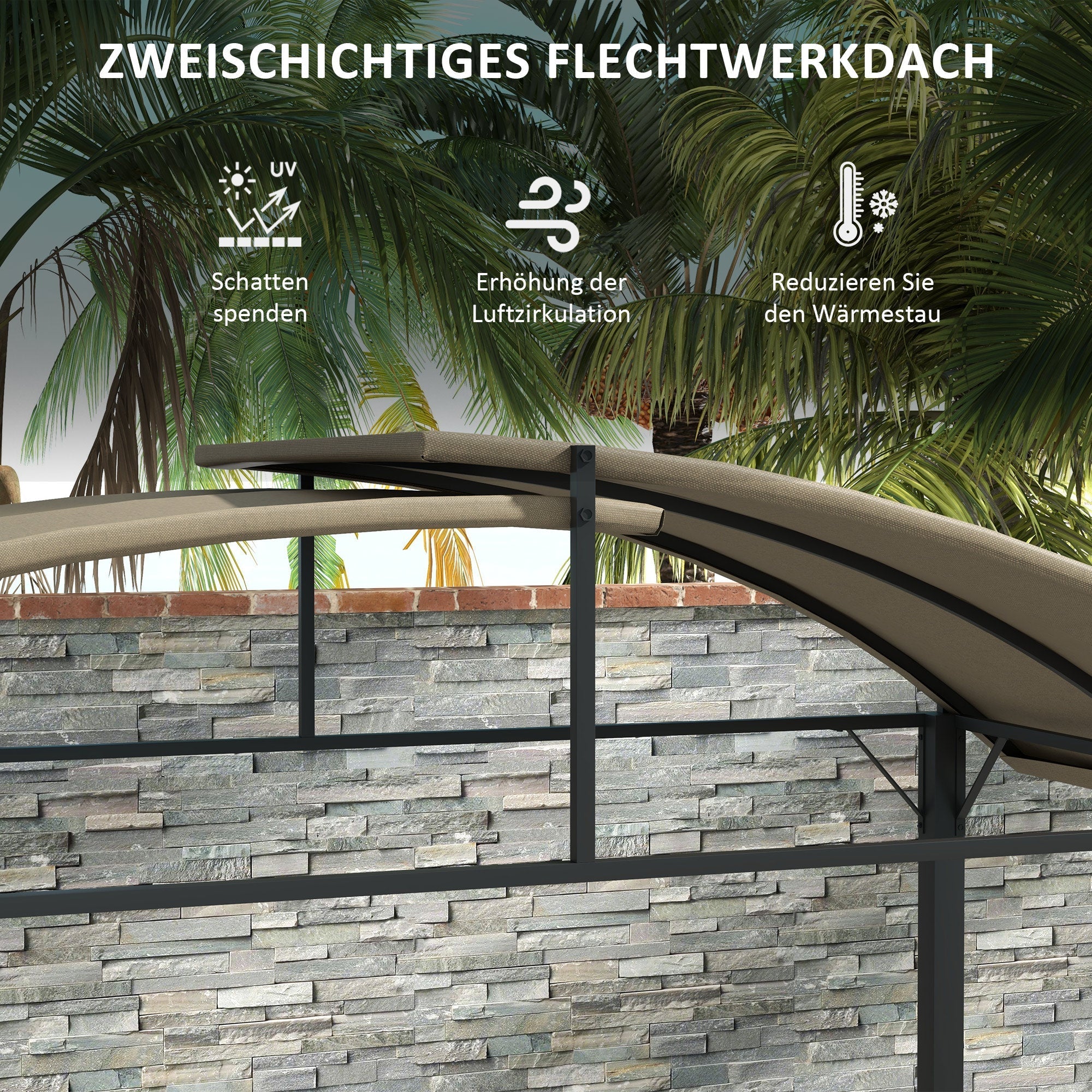 BBQ Grill Pavilion 1.1 x 2.3m Weatherproof Polyester Roof Side Shelves Khaki Steel - Image 4
