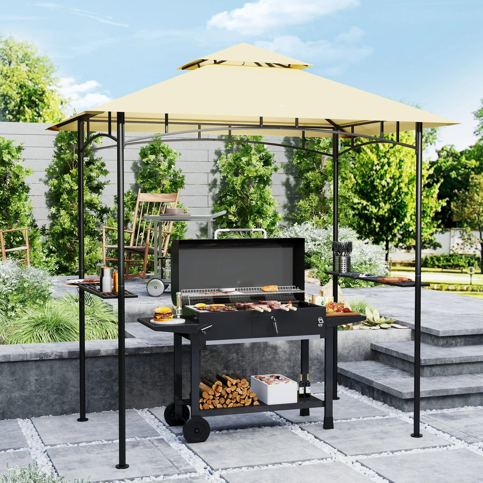 BBQ Pavilion, LED Double-layer Roof Side Shelves, Beige
