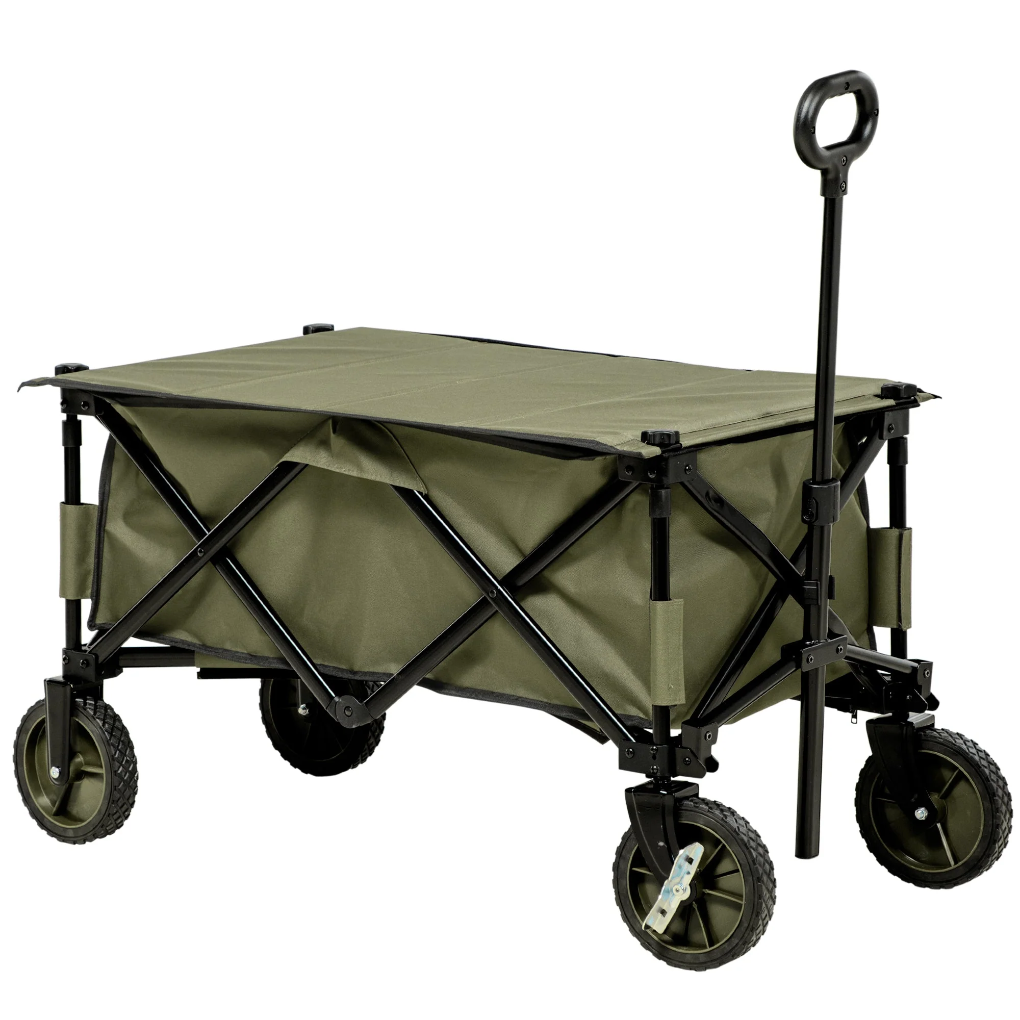 beach cart, foldable transport with 4 wheels, removable cover, height-adjustable handle, tilting tray, 5 storage bags, green - Image 2