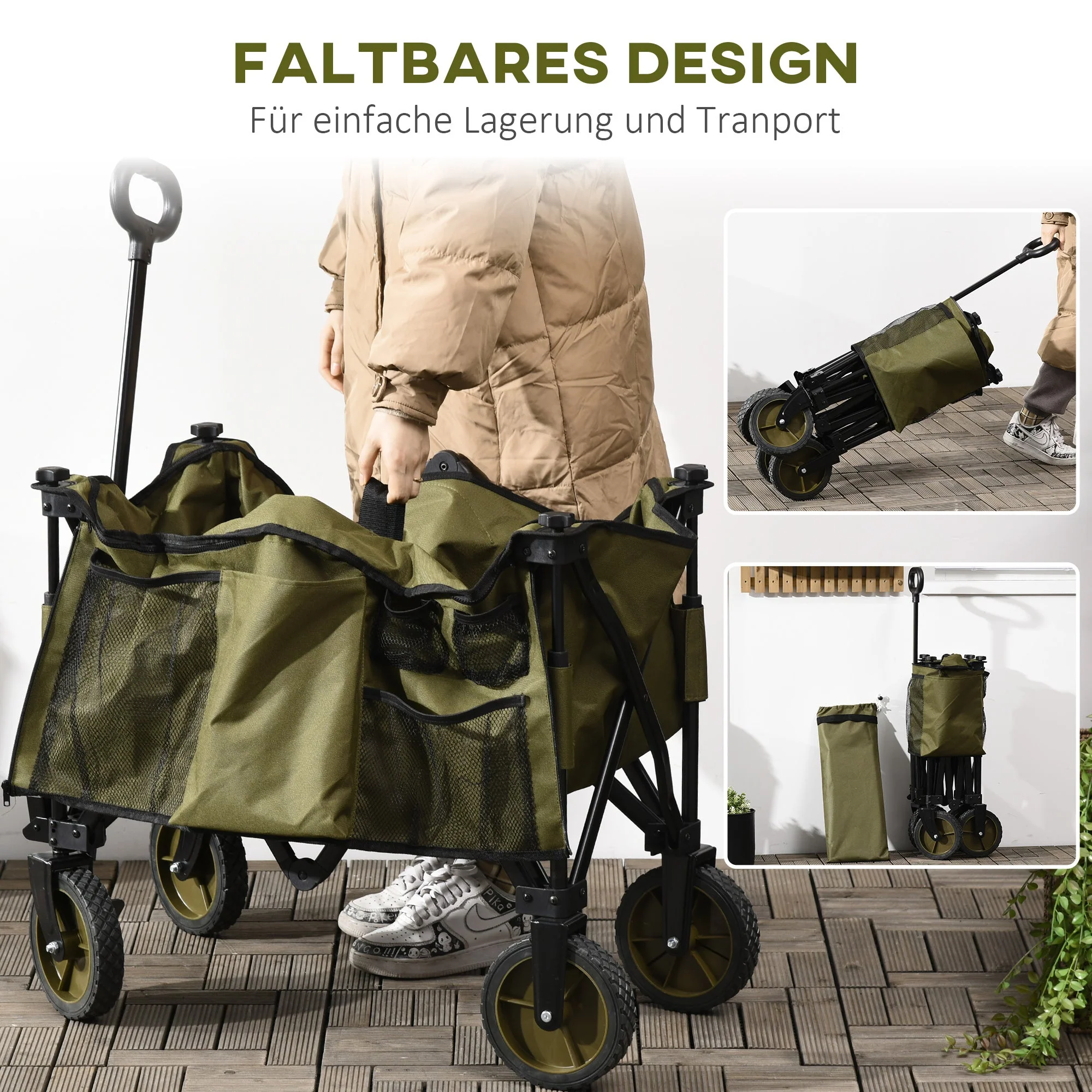 beach cart, foldable transport with 4 wheels, removable cover, height-adjustable handle, tilting tray, 5 storage bags, green - Image 5