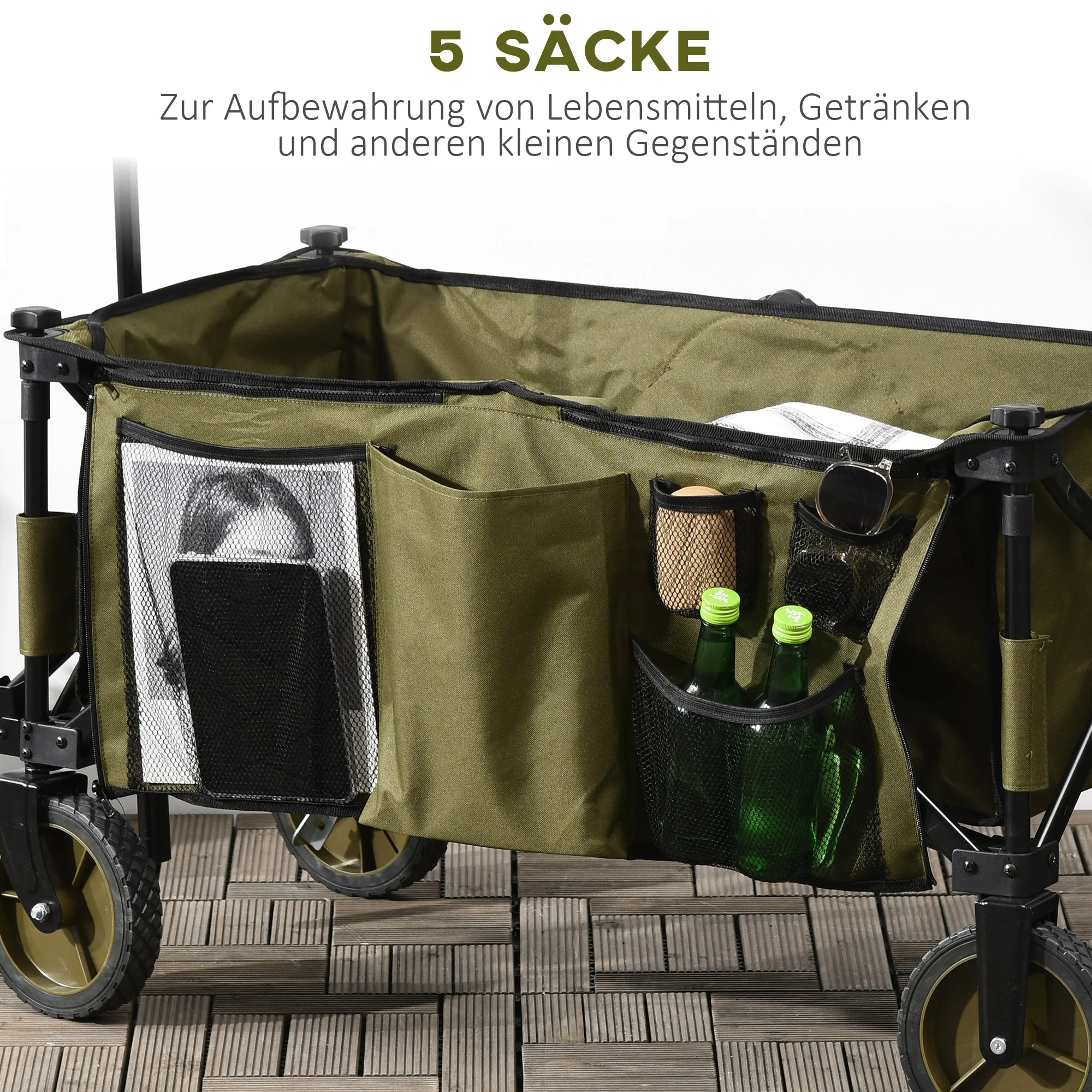 beach cart, foldable transport with 4 wheels, removable cover, height-adjustable handle, tilting tray, 5 storage bags, green - Image 7