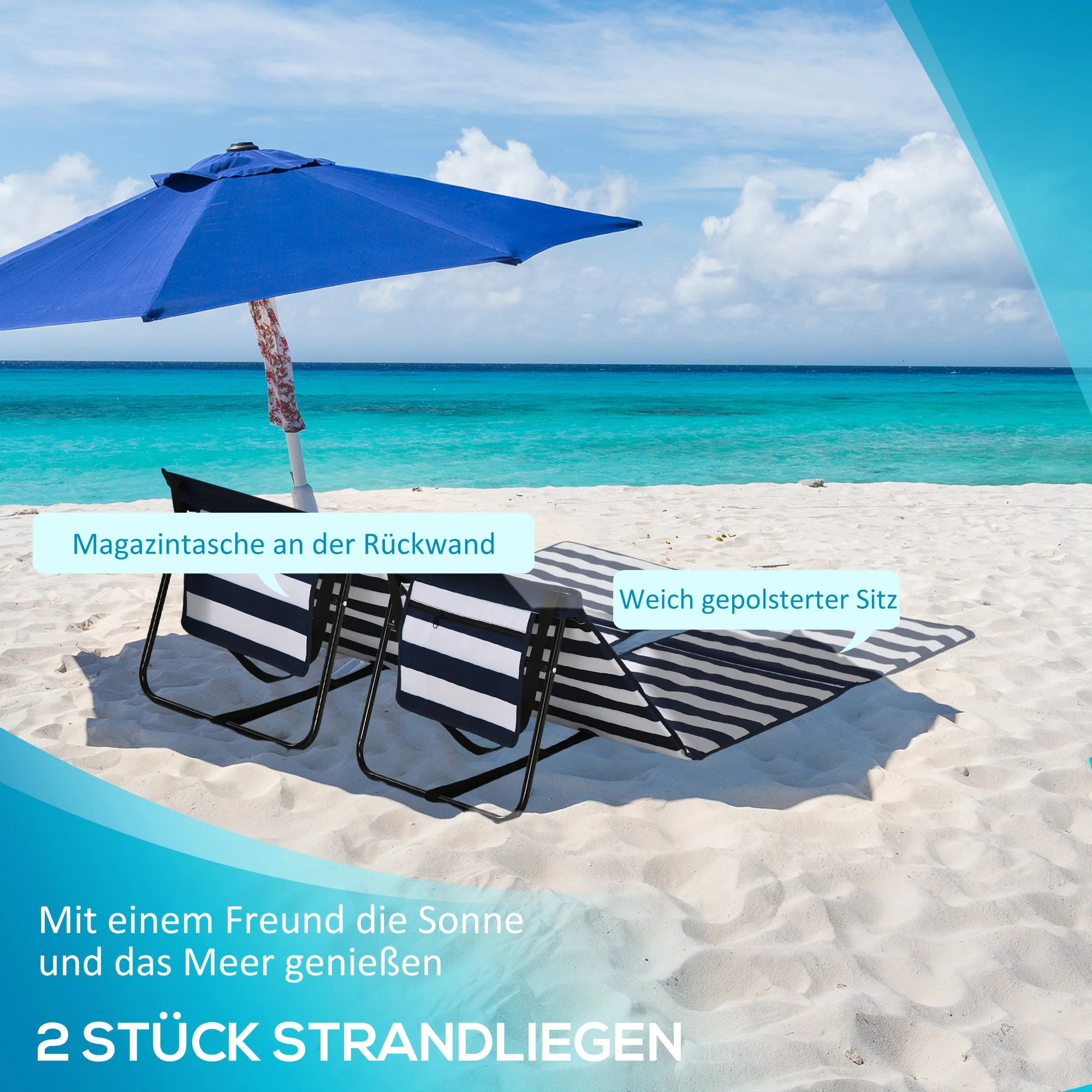 Beach Mat 2-Pack Foldable Adjustable with Carrying Bag Blue and White Oxford Fabric - Image 4