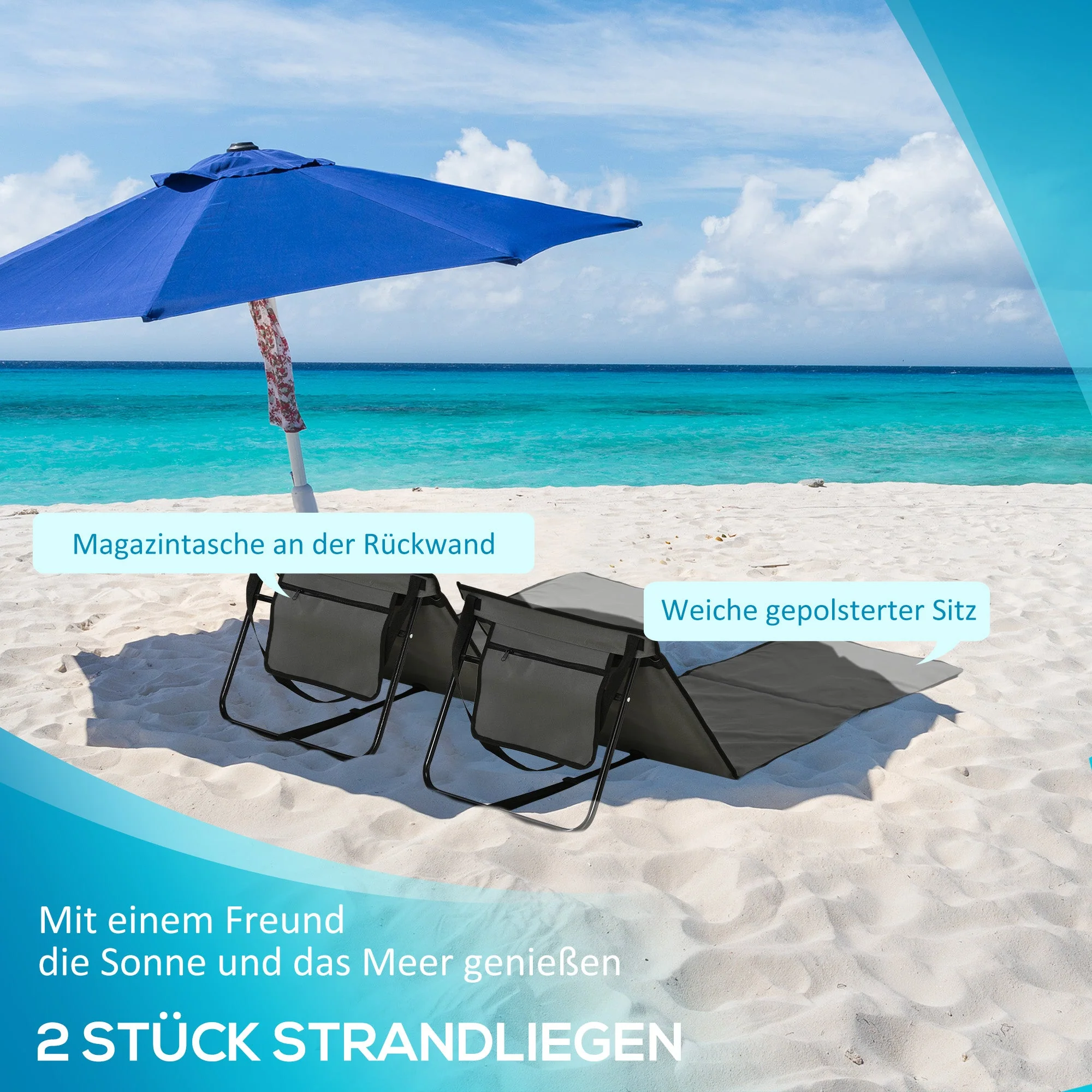 Beach Mats (Set of 2) Foldable Adjustable Loungers with Bag, Oxford Fabric, Grey - Image 4