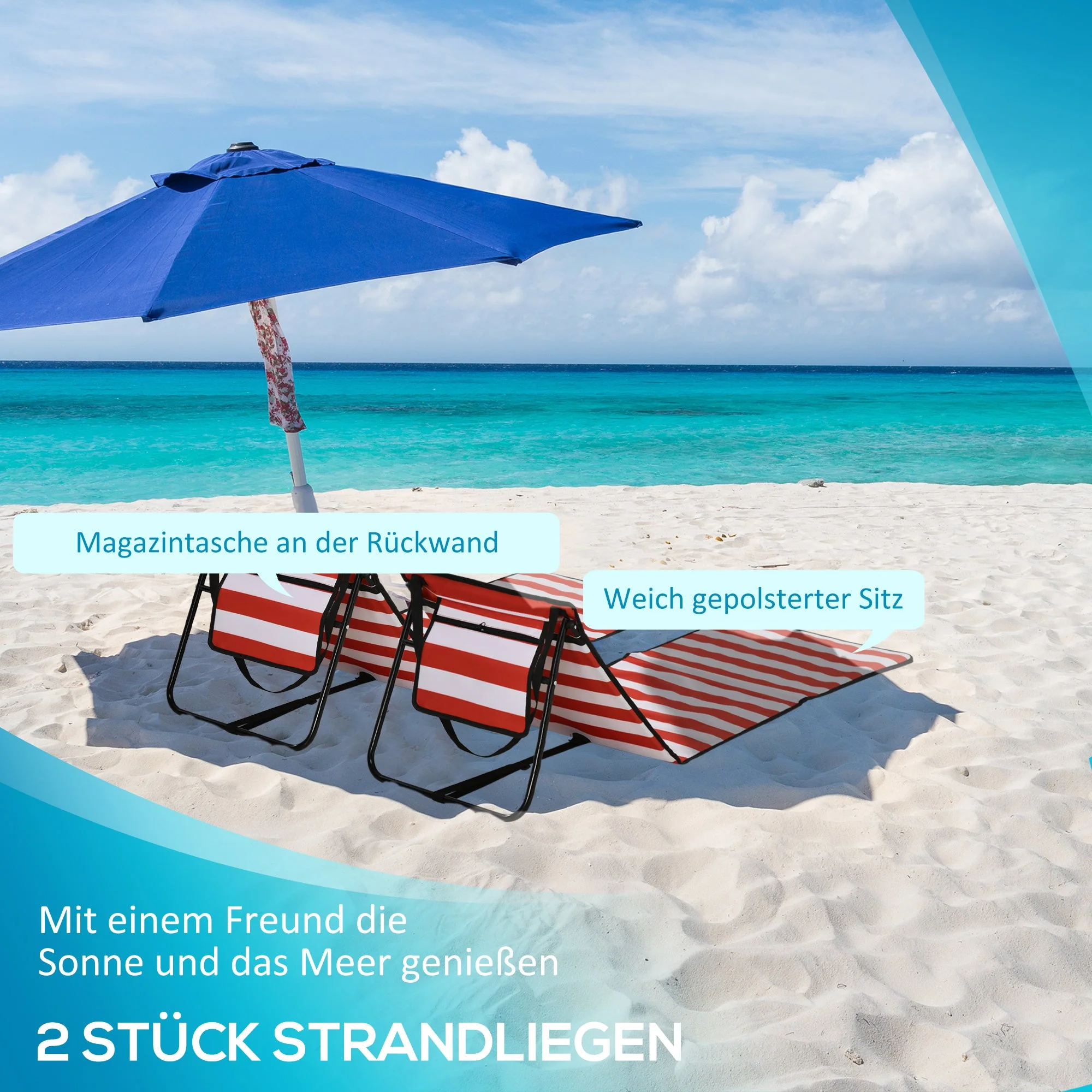 Beach Mats, Set of 2 Foldable Adjustable Sun Loungers with Carrying Bag, Red - Image 4