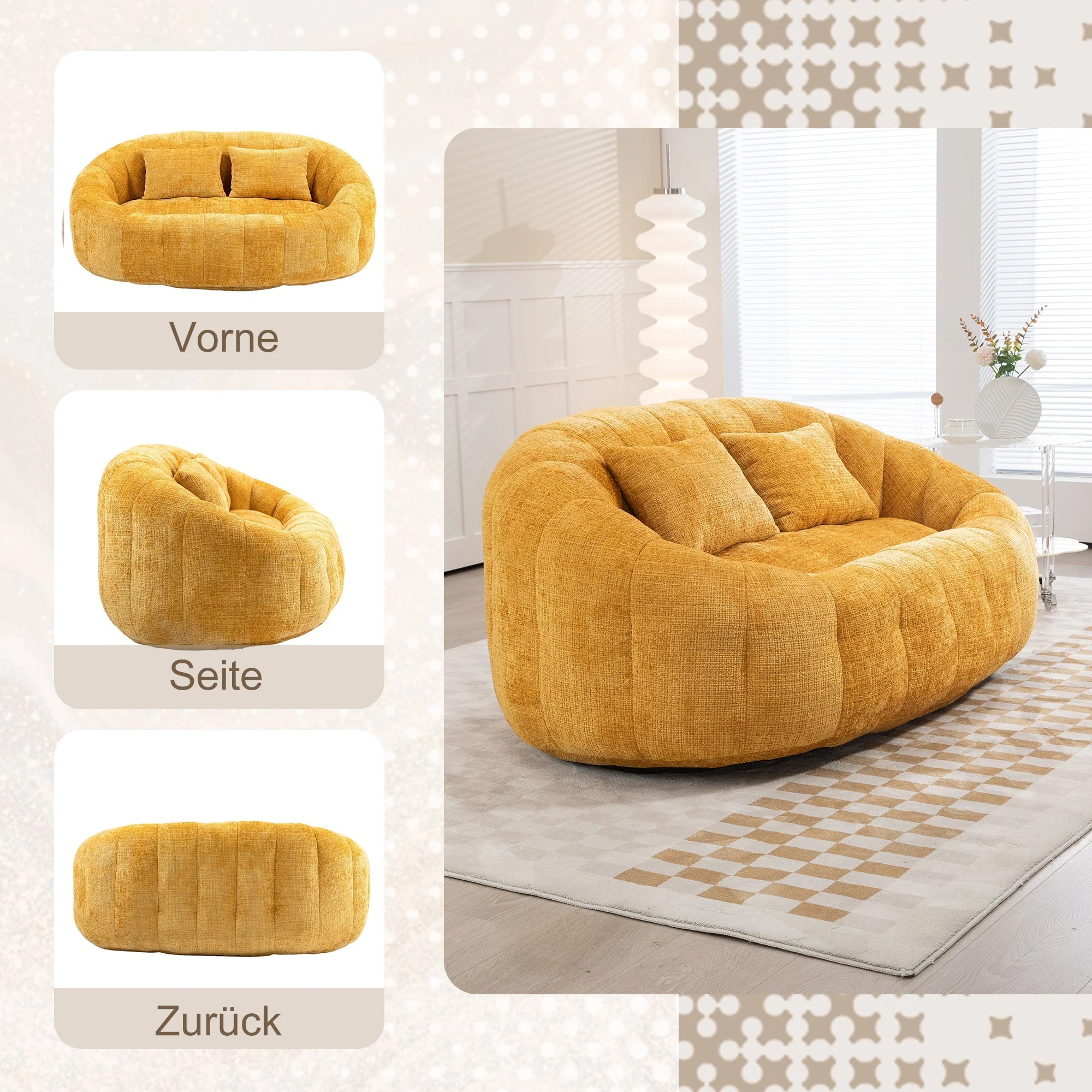 Bean Bag Sofa High Back Comfort Lounger Indoor Outdoor Yellow Chenille - Image 4