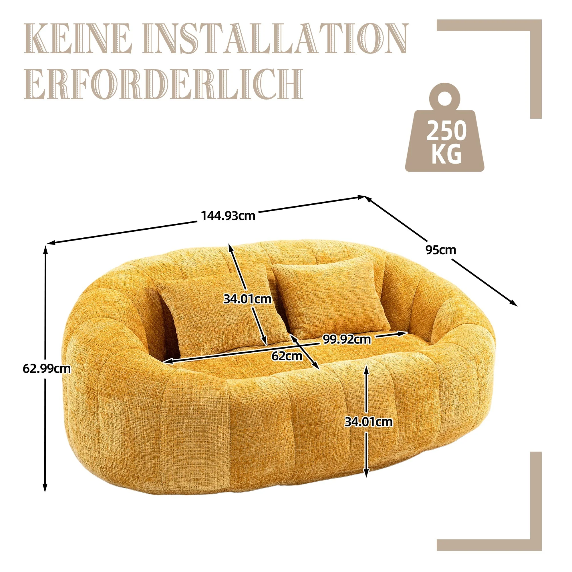Bean Bag Sofa High Back Comfort Lounger Indoor Outdoor Yellow Chenille - Image 6