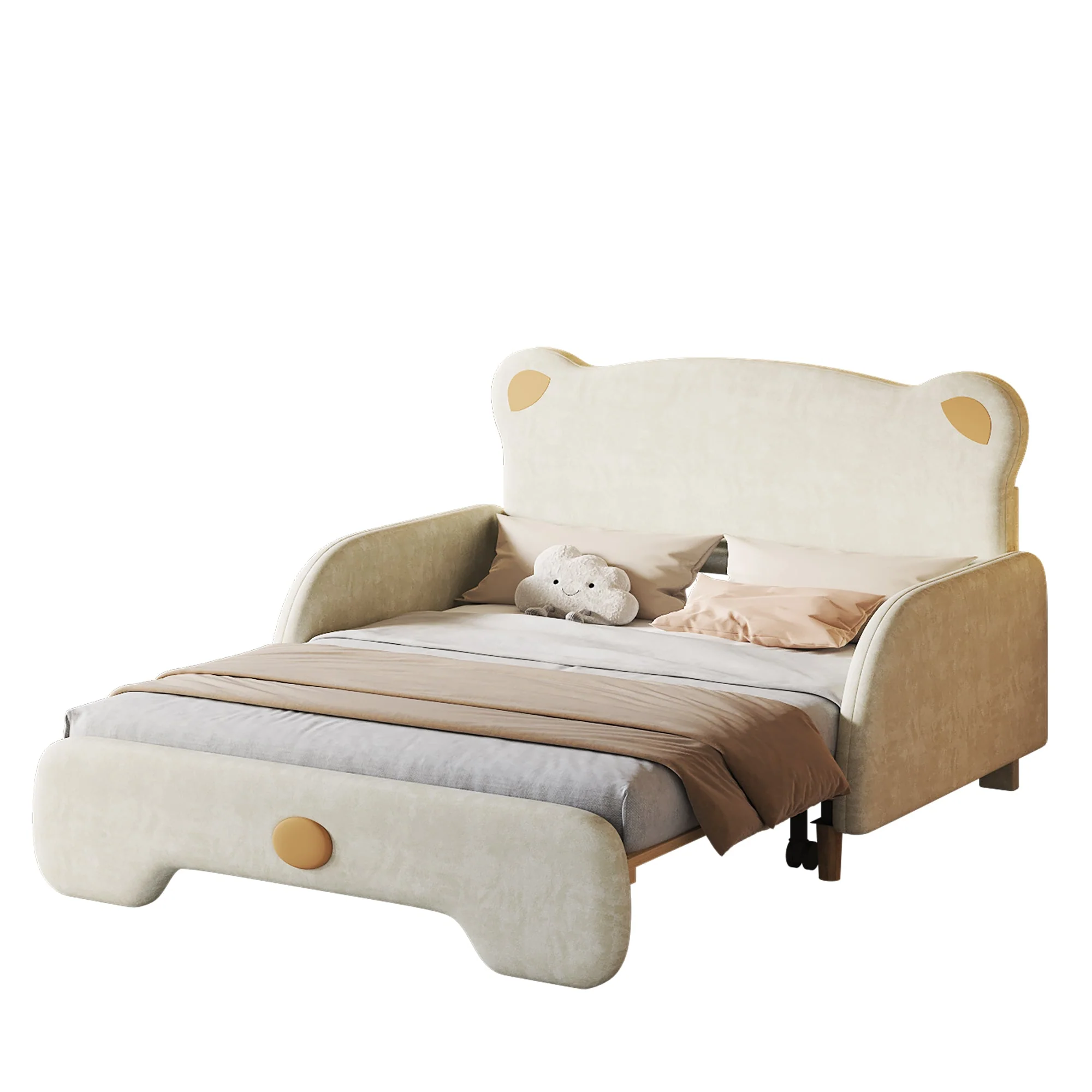 Bear Double Bed, Upholstered Children's Day Pull-out Bed, Velvet Beige - Image 10