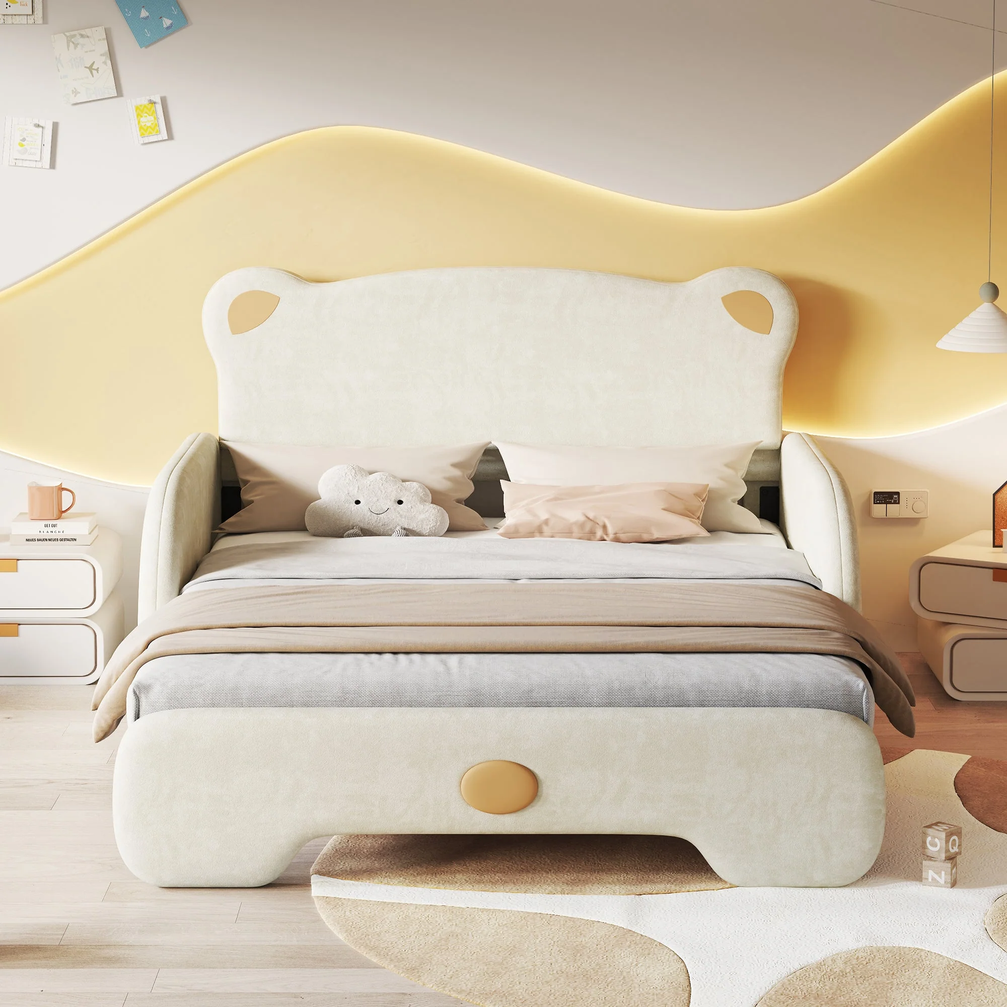 Bear Double Bed, Upholstered Children's Day Pull-out Bed, Velvet Beige - Image 3