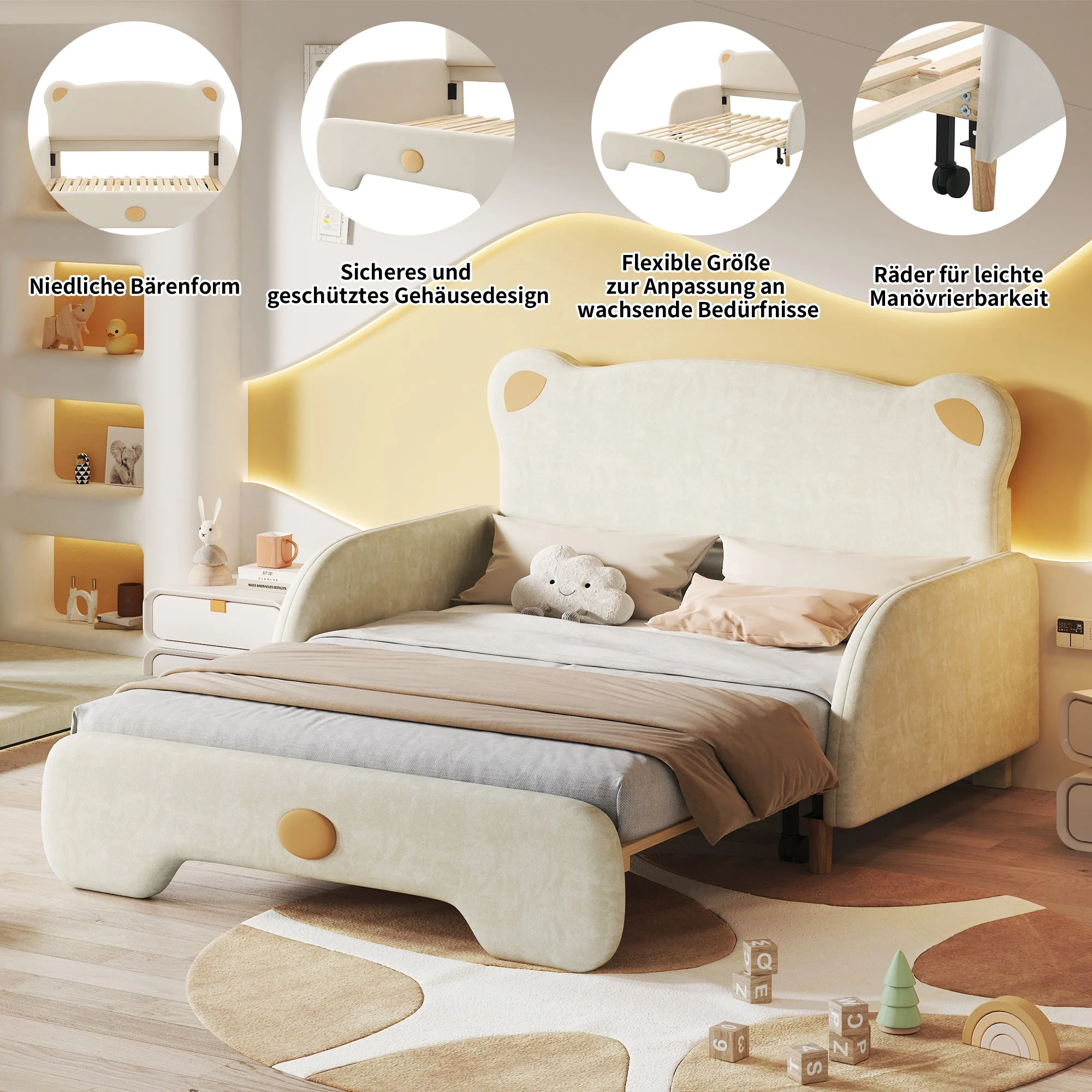 Bear-shaped Double Bed, Upholstered Children's Day Pull-out, Velvet Beige with White Sponge Mattress - Image 5
