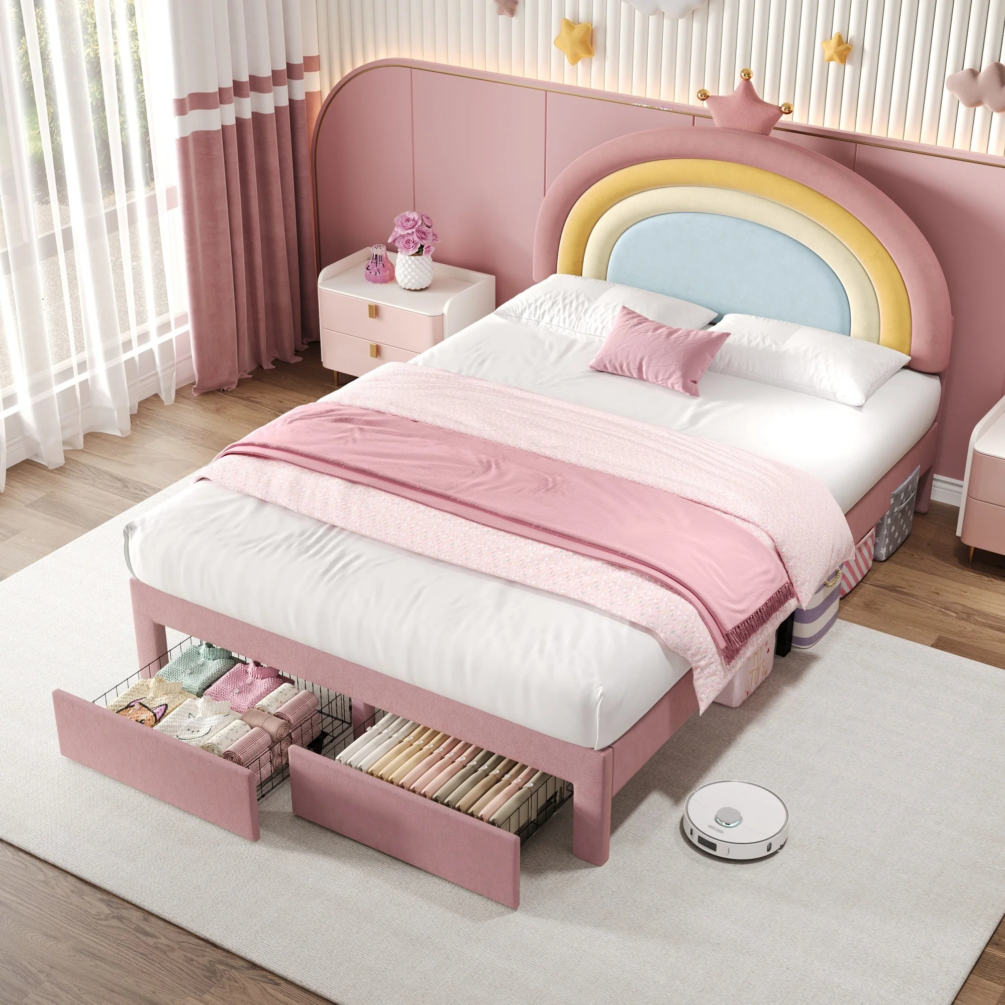 Bed - 4ft6 Double Upholstered with Adjustable Rainbow Crown Headboard & Storage Drawer, Soft Velvet, Pink - Image 2