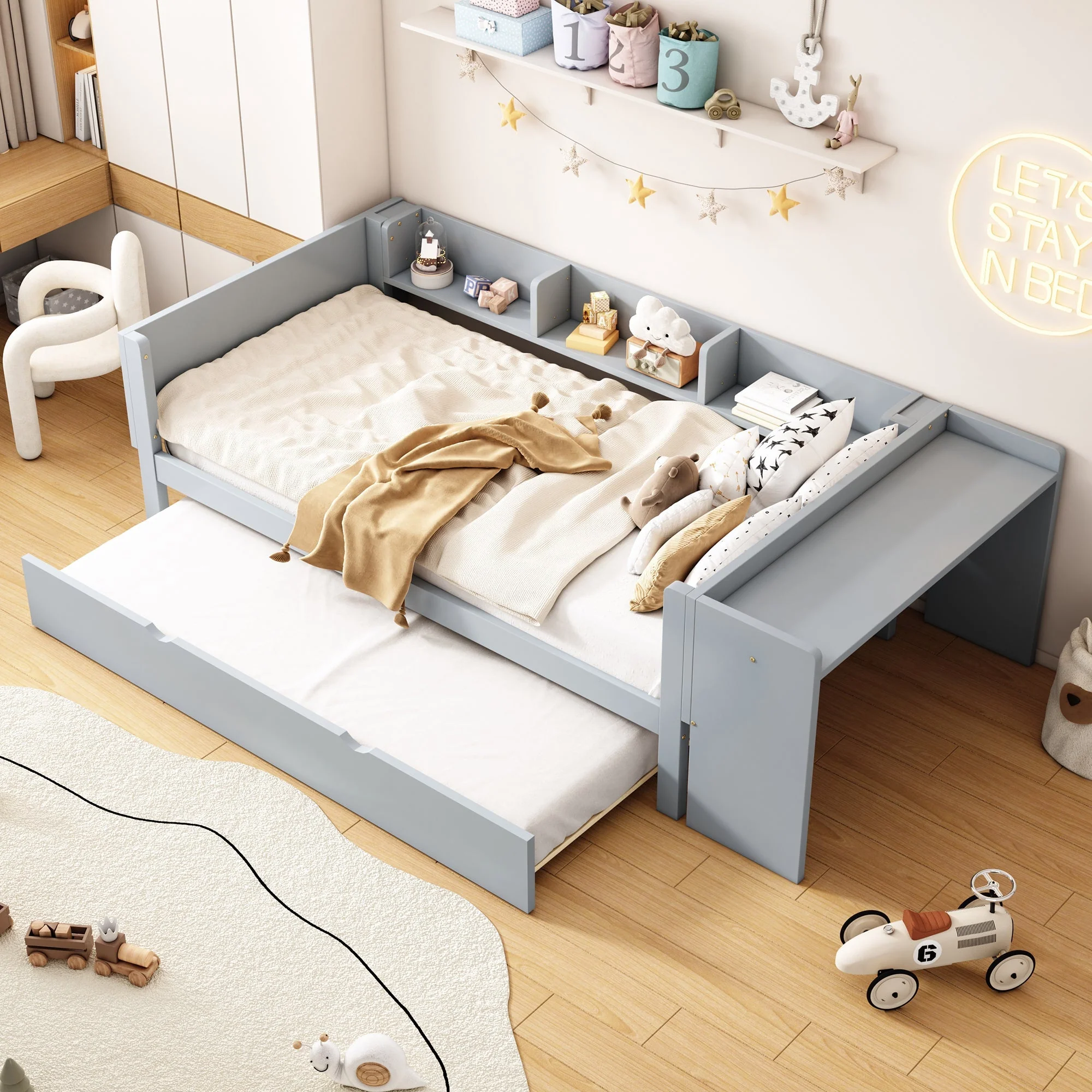 Bed 90x200cm Pull-out Desk 3 Side Shelves - Grey - Image 2