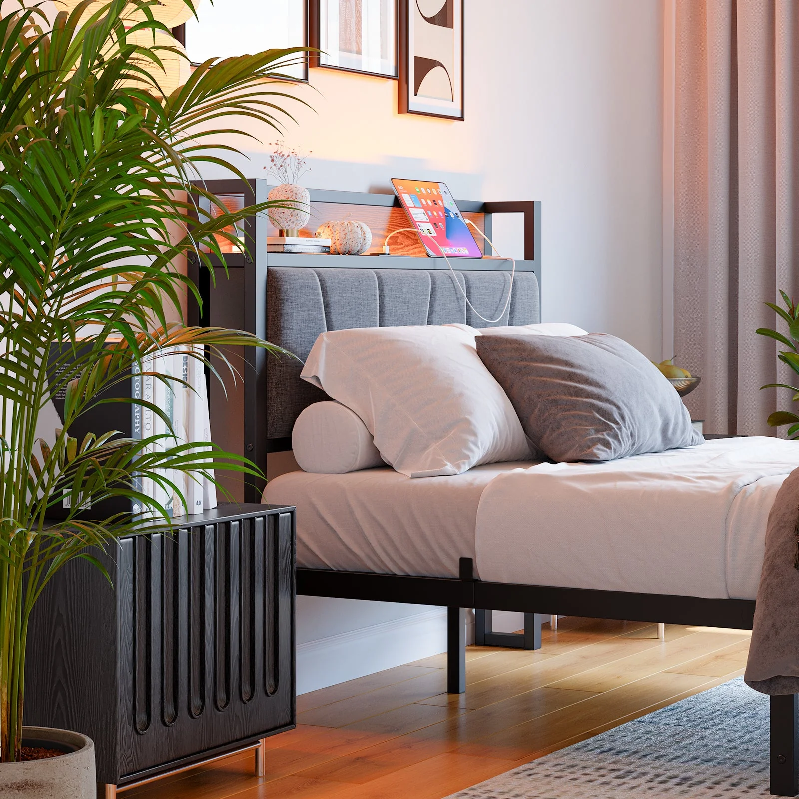 Bed Frame 120x200cm Smart LED USB Memory Headboard - Metal Slatted - Image 4