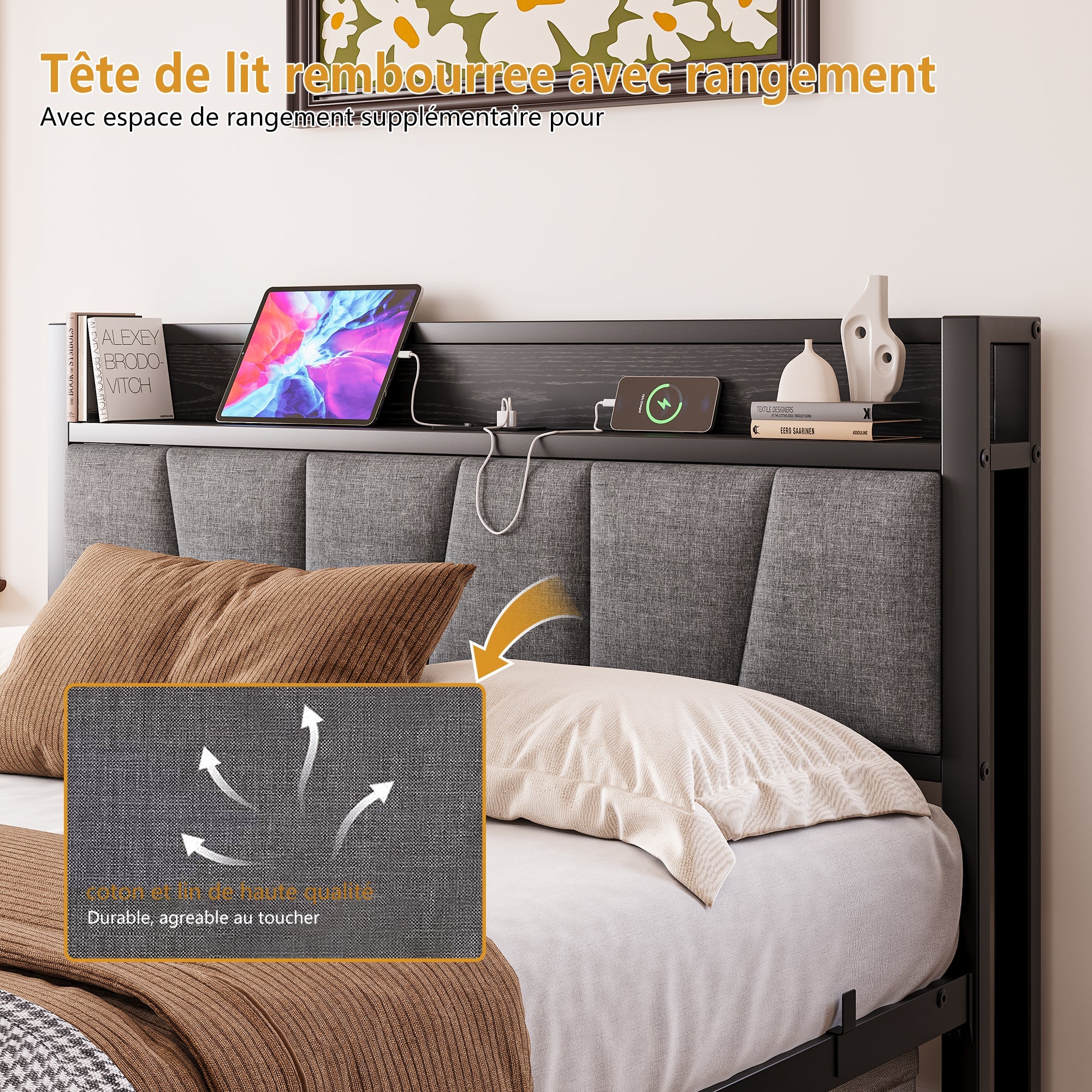 Bed Frame, 140x190cm Smart LED USB Headboard Heavy Duty Slatted Platform, Metal Black - Image 5