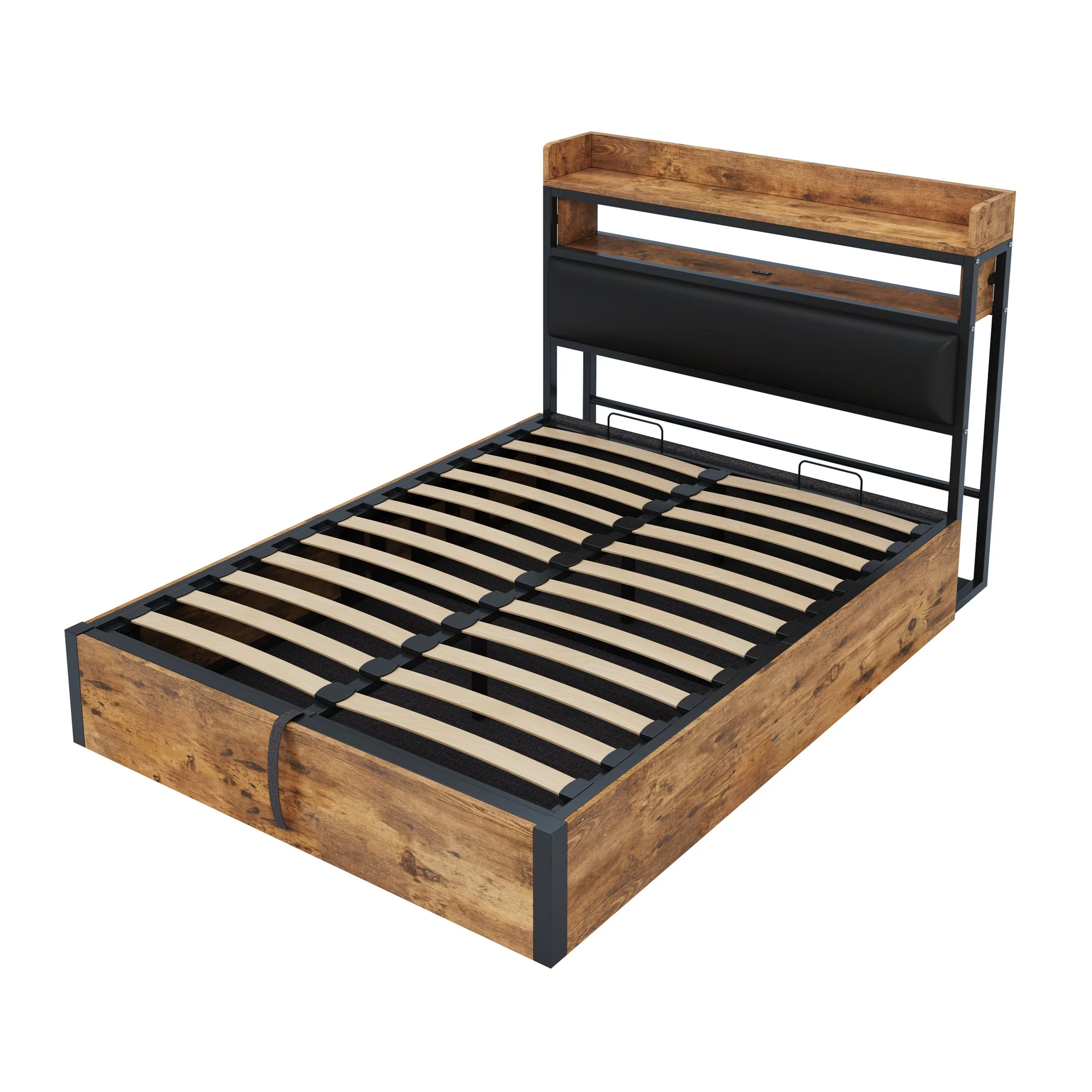 Bed Frame, 140x200, Hydraulic Lift, USB, Upholstered Headboard, Hidden Storage, Wood and Metal, Black - Image 9