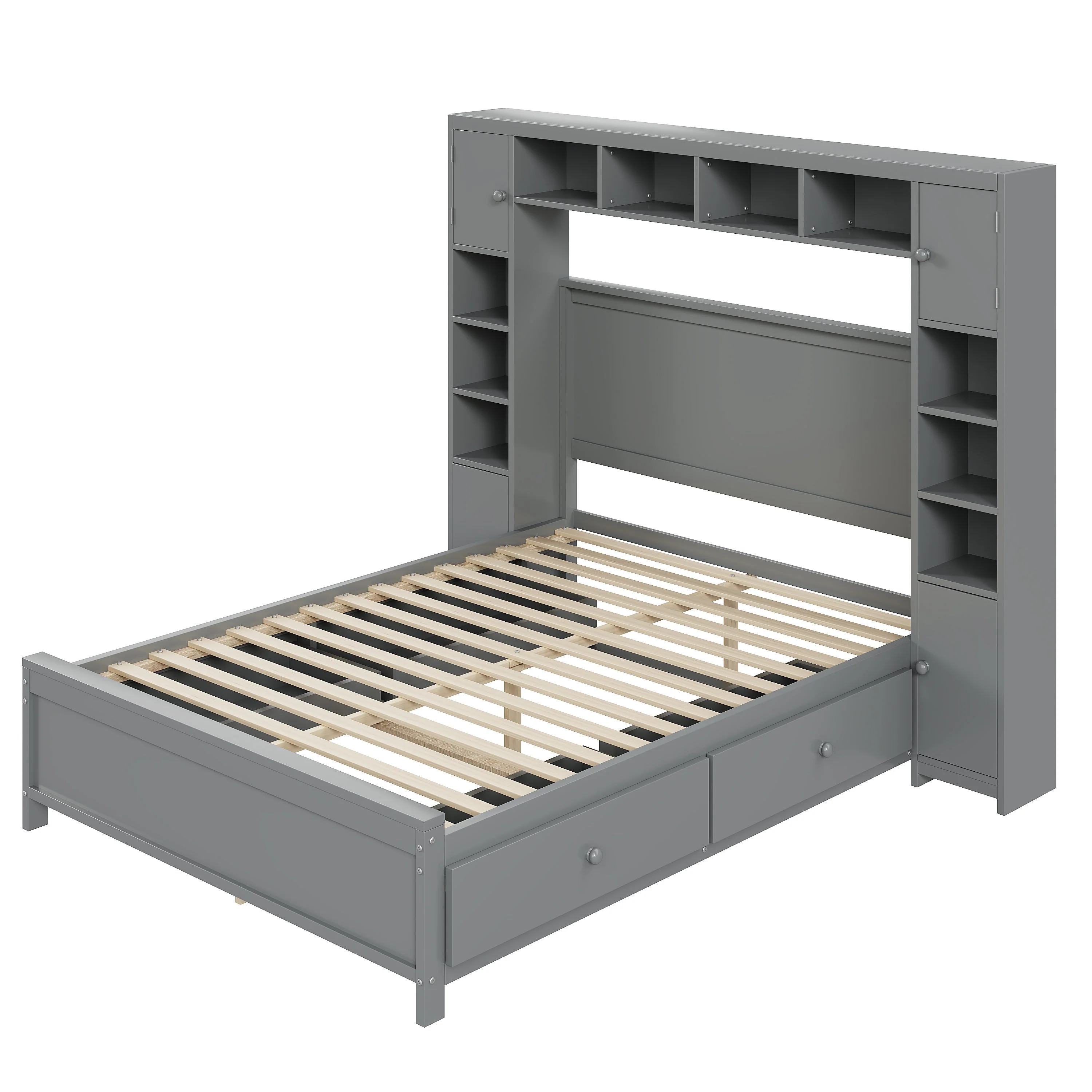 Bed Frame, 140x200 with 4 Drawers & Storage Cabinet, Solid Wood, Grey - Image 10
