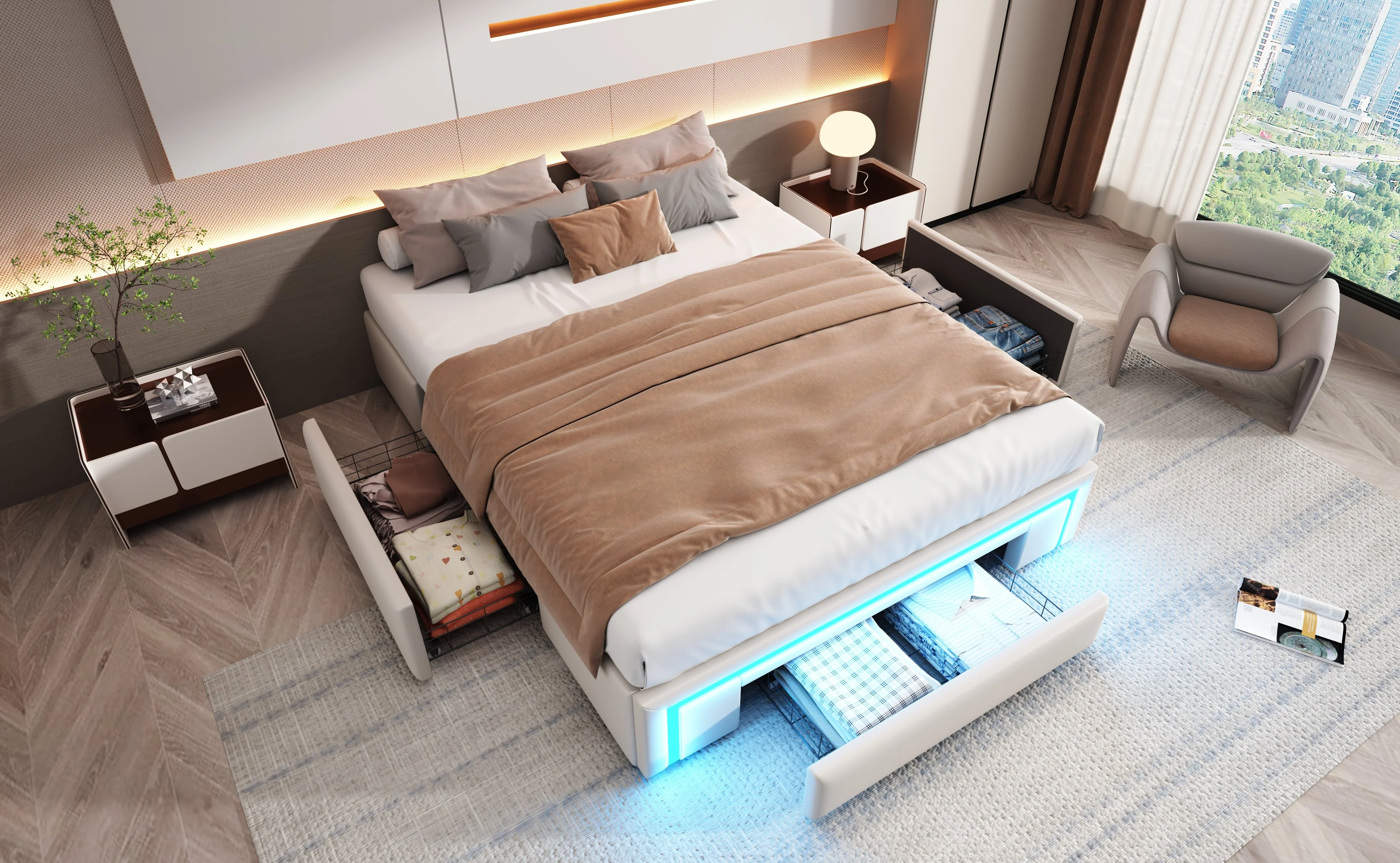 Bed Frame 140x200 with Drawers, LED Light Bar, Metal Slatted Platform, PU Leather Beige - Image 7