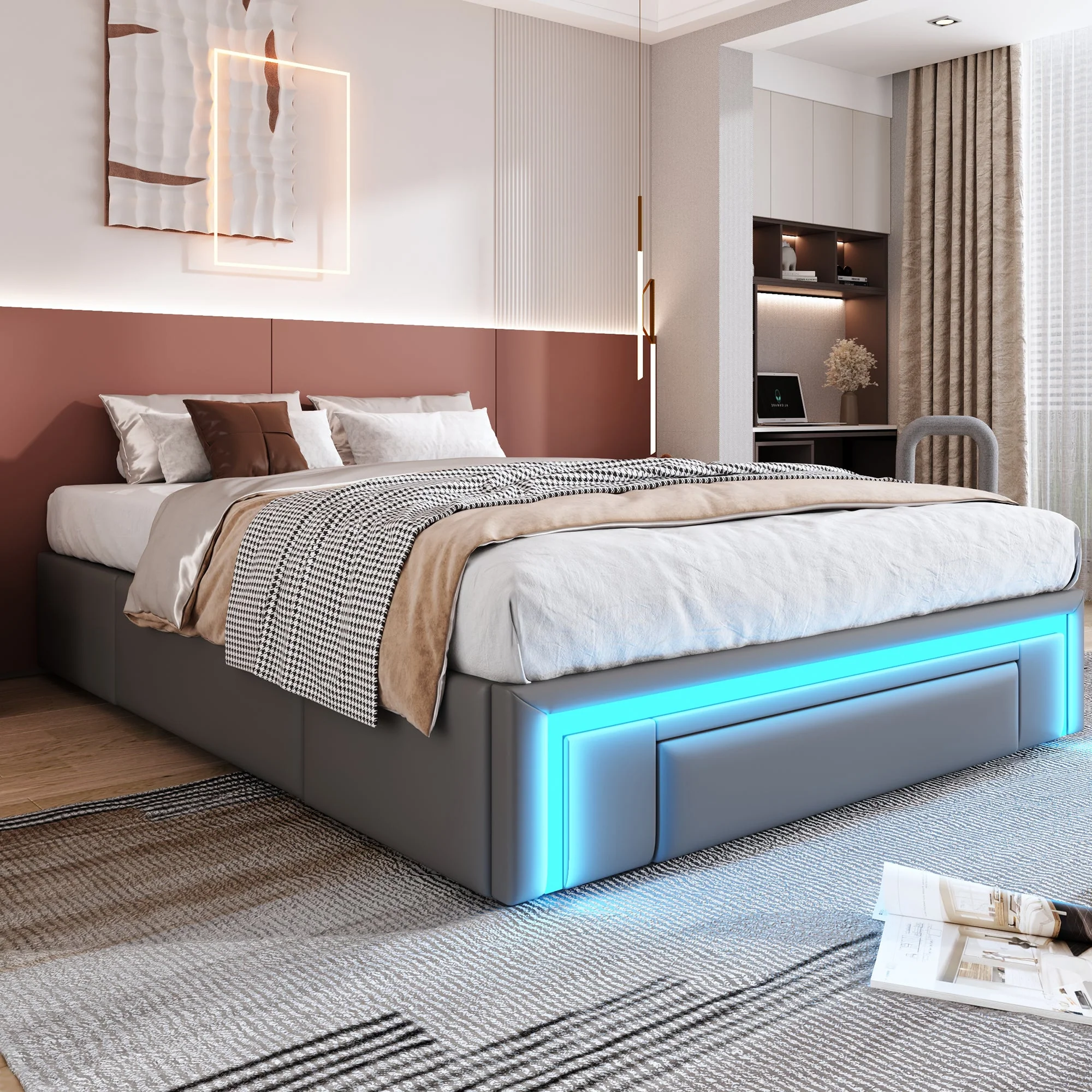 Bed Frame 140x200 with Drawers, LED Light Bar, Metal Slatted Platform, PU Leather, Gray - Image 2