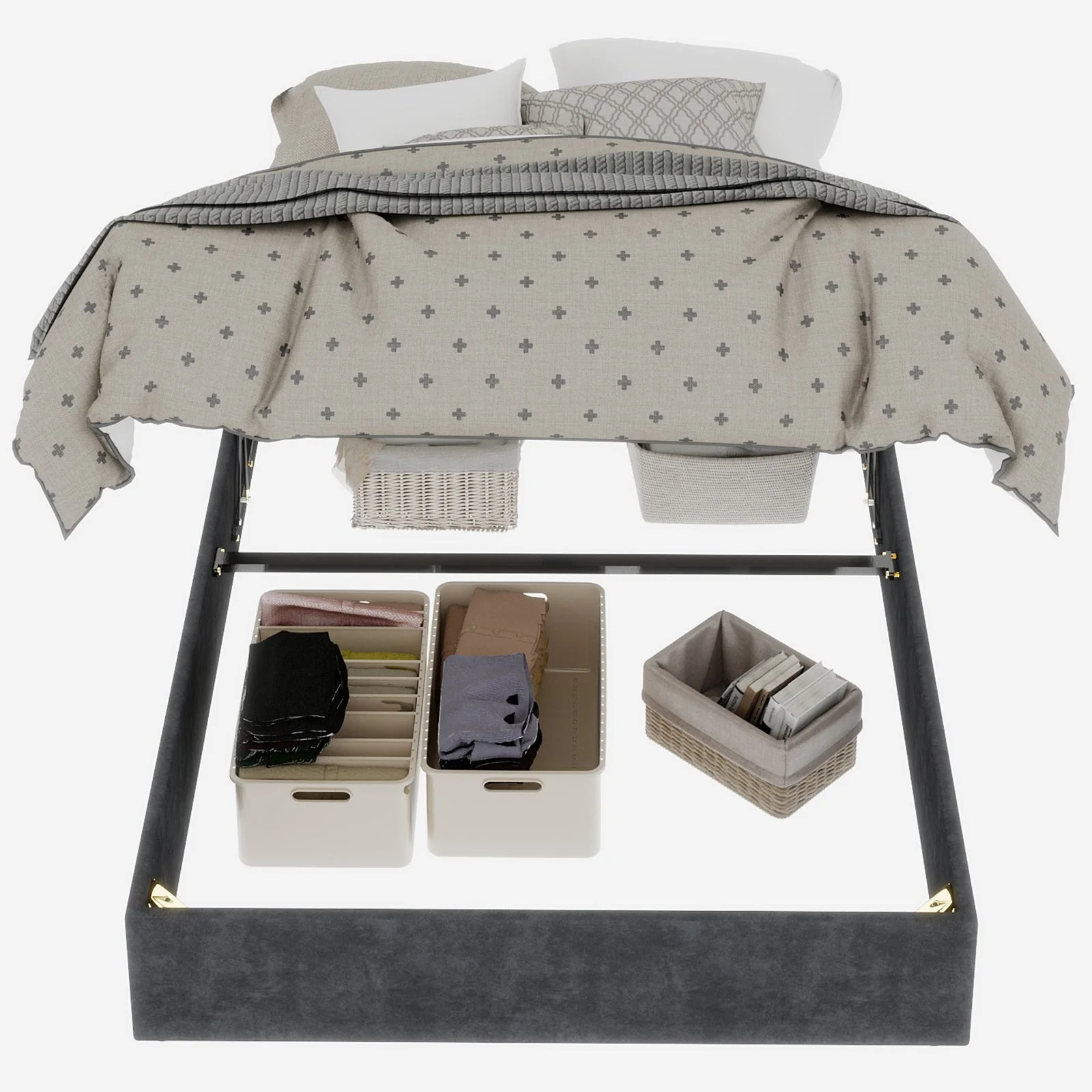 Bed Frame 140x200cm Gas Lift Storage, Grey Dutch Velvet Fabric - Image 2
