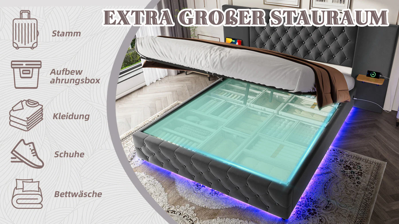 Bed Frame, 140x200cm, Wide Headboard, LED, USB, Hydraulic Lift Storage - Image 10