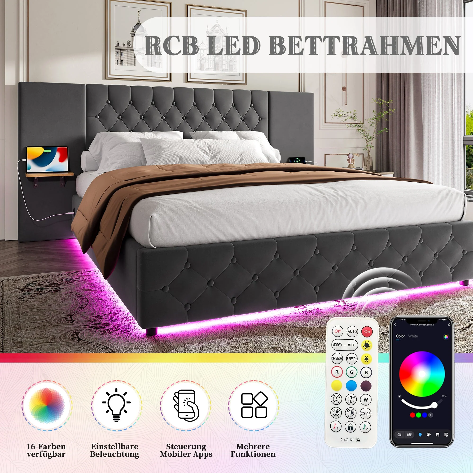 Bed Frame, 140x200cm, Wide Headboard, LED, USB, Hydraulic Lift Storage - Image 7
