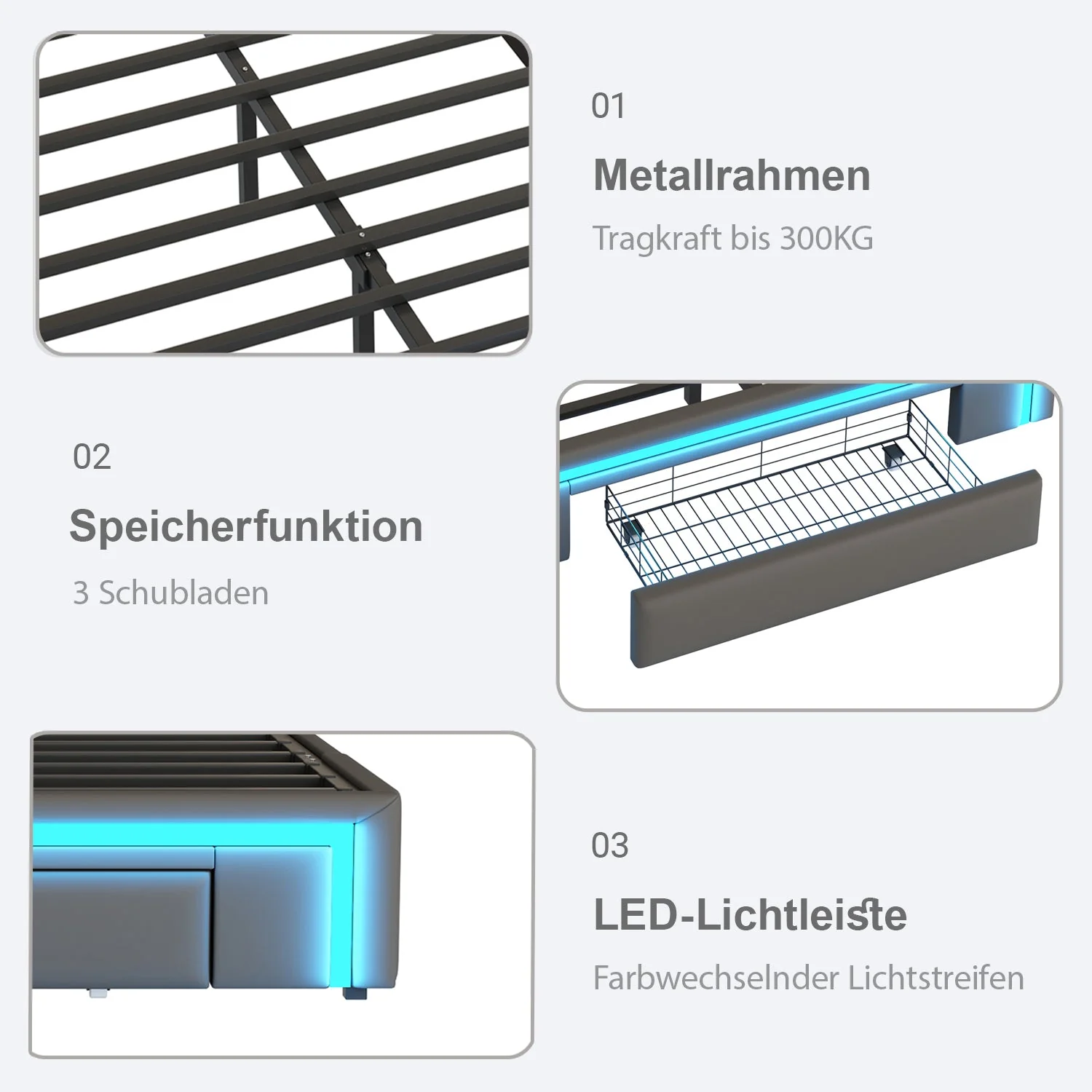 Bed Frame 160x200 with Drawers, LED Light Bar, Metal Slatted Platform, PU Leather Gray - Image 4