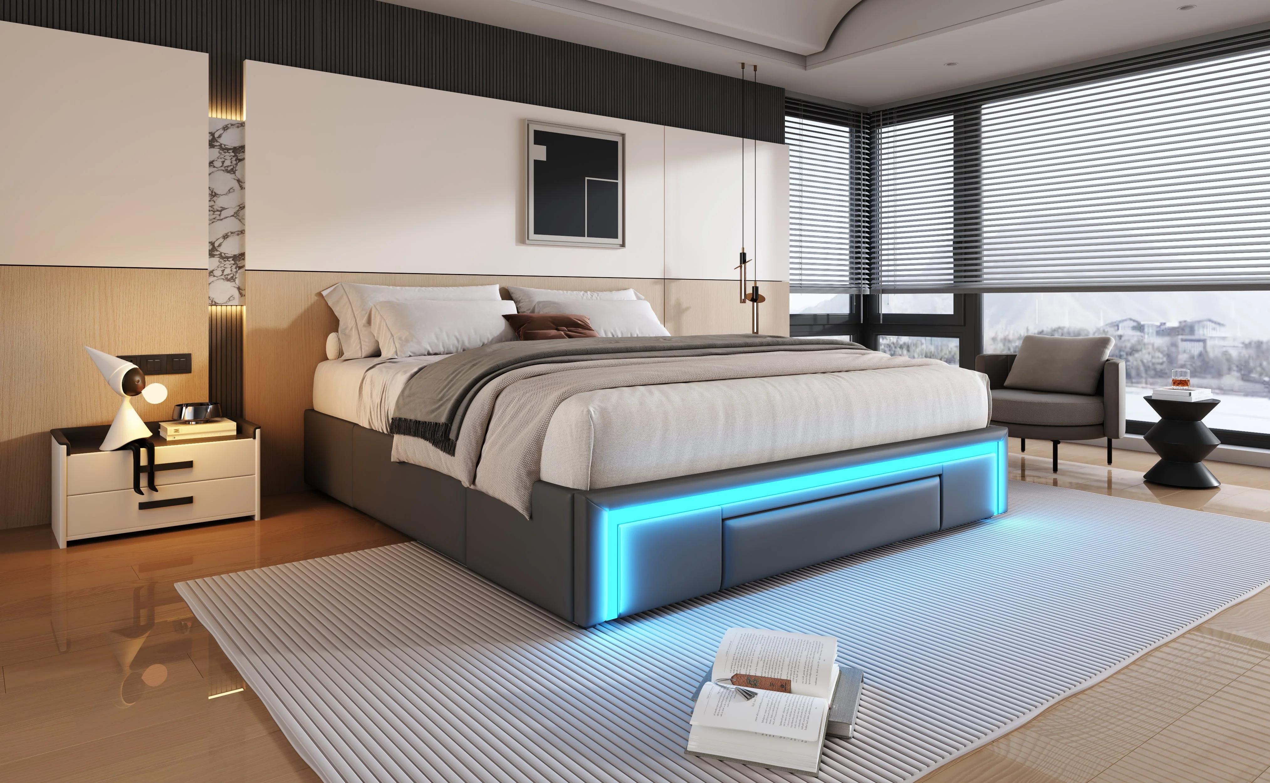 Bed Frame 160x200 with Drawers, LED Light Bar, Metal Slatted Platform, PU Leather Gray - Image 9
