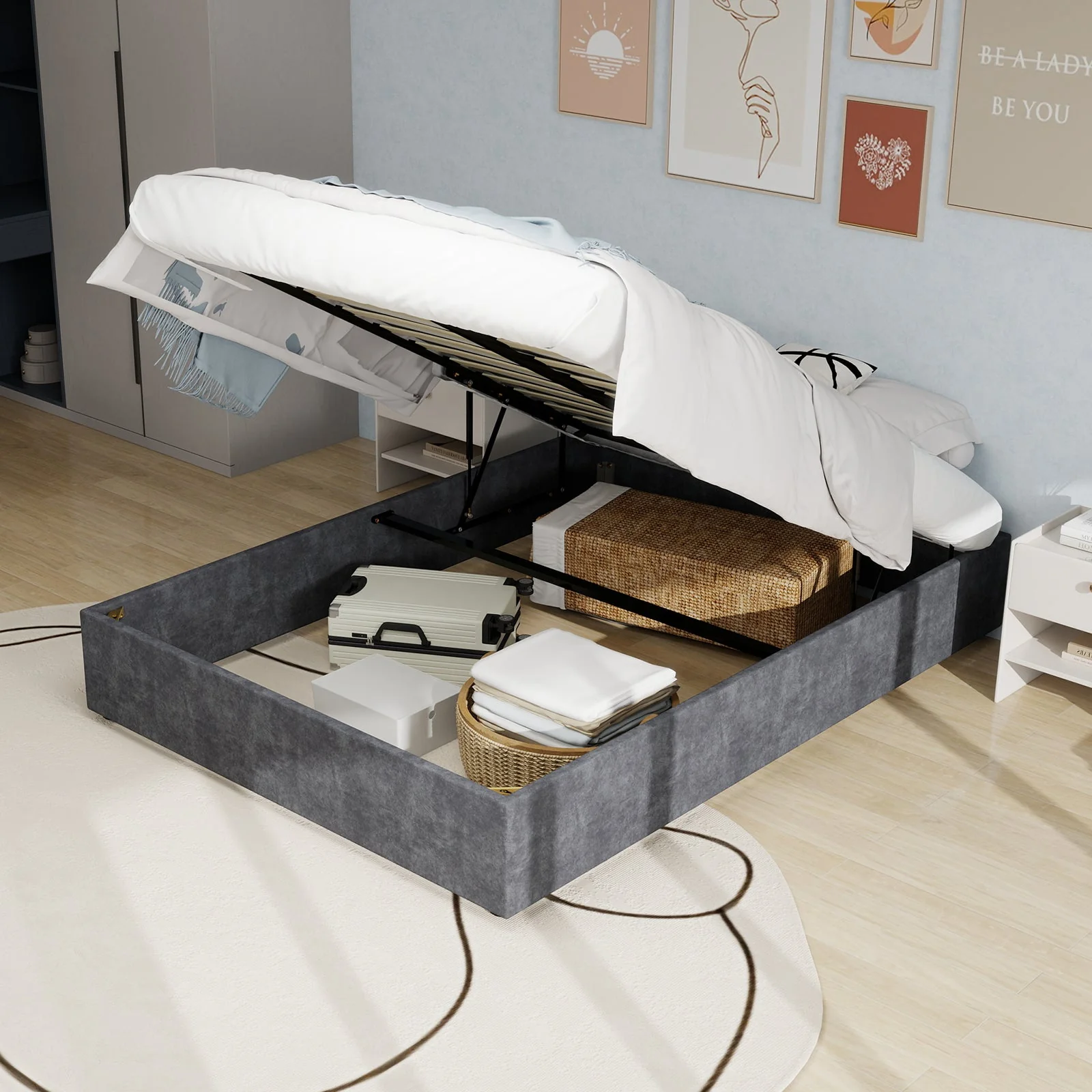 Bed Frame 160x200cm Gas Lift Storage - Dutch Velvet Grey
