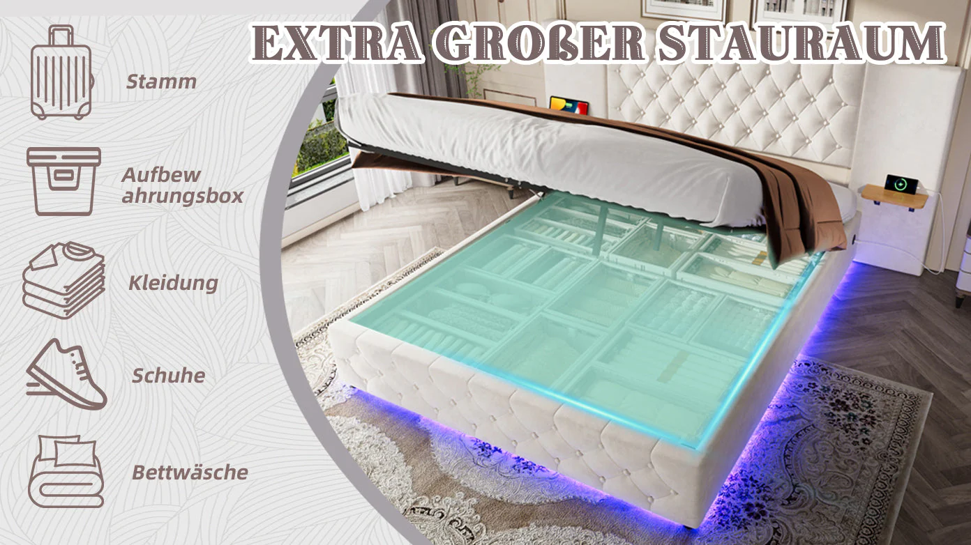 Bed Frame, 160x200cm LED & USB, Hydraulic Lift Storage - Image 10