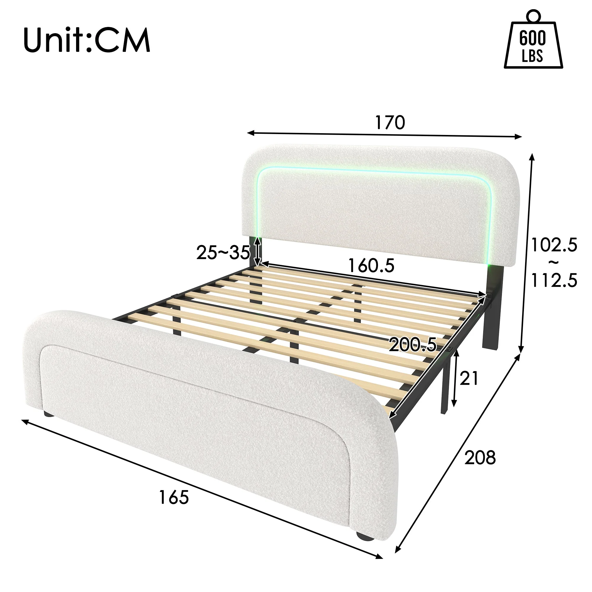 Bed Frame, 160x200cm Upholstered with USB-C & LED, Wood Slatted, Sherp White - Image 2