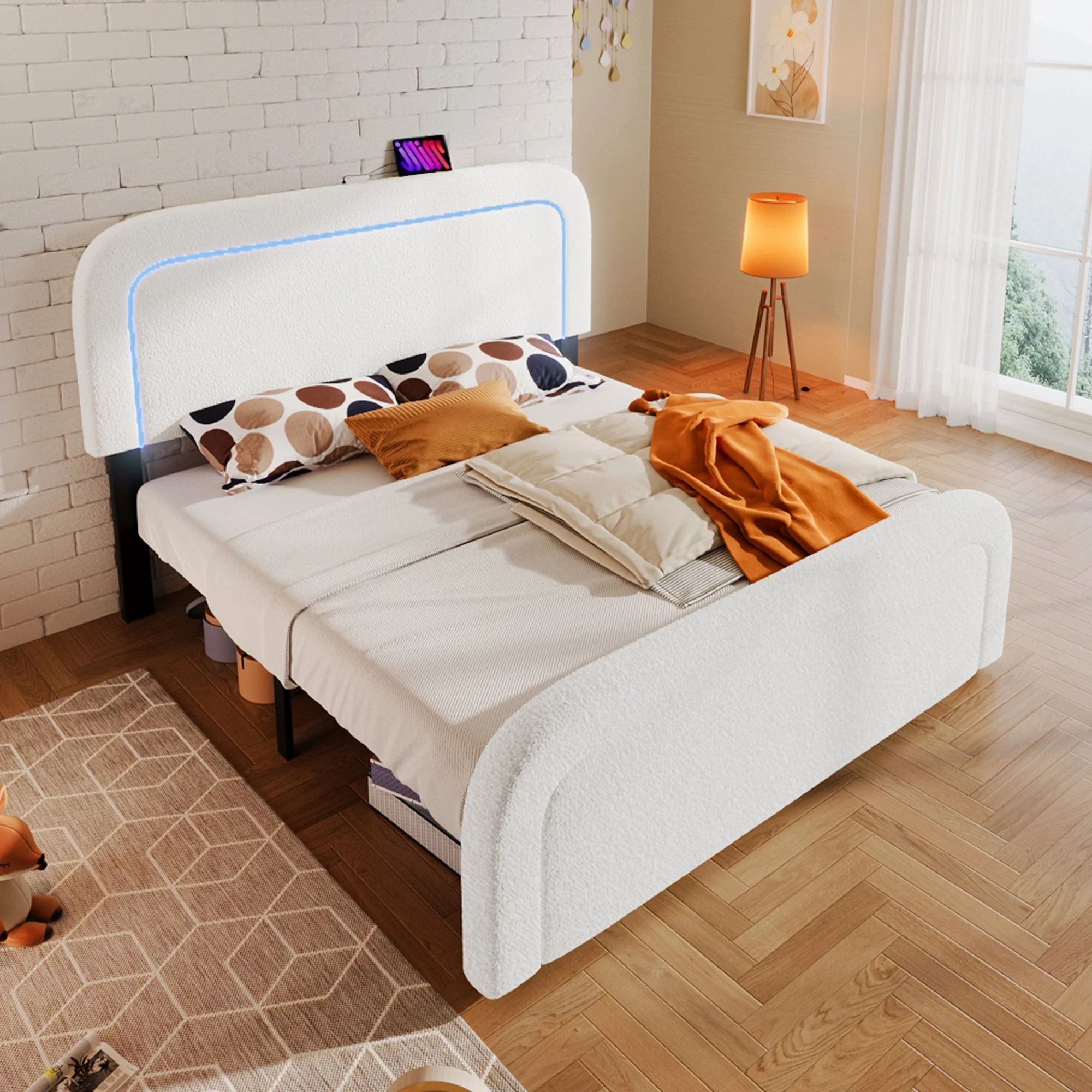 Bed Frame, 160x200cm Upholstered with USB-C & LED, Wood Slatted, Sherp White - Image 5