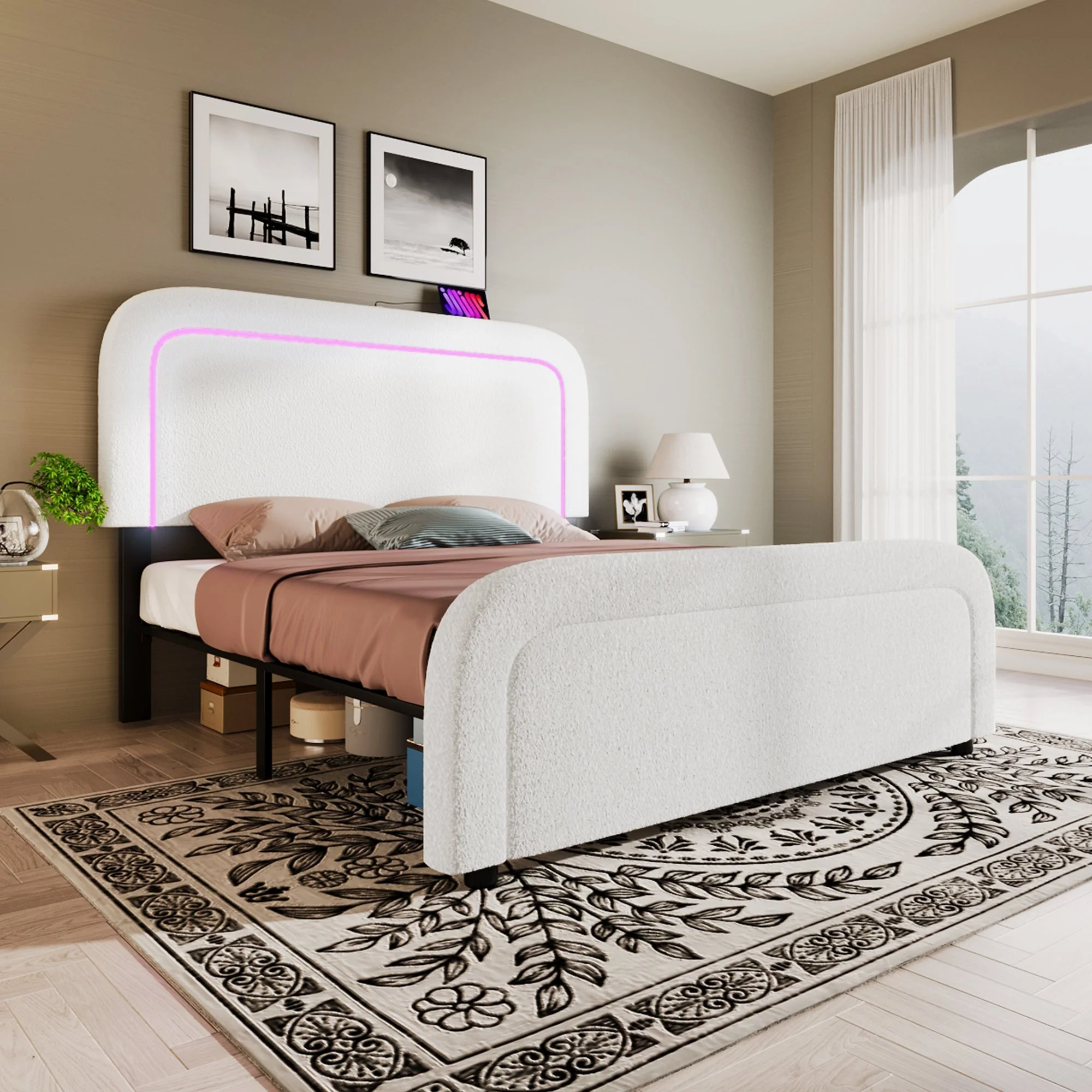 Bed Frame, 160x200cm Upholstered with USB-C & LED, Wood Slatted, Sherp White - Image 7