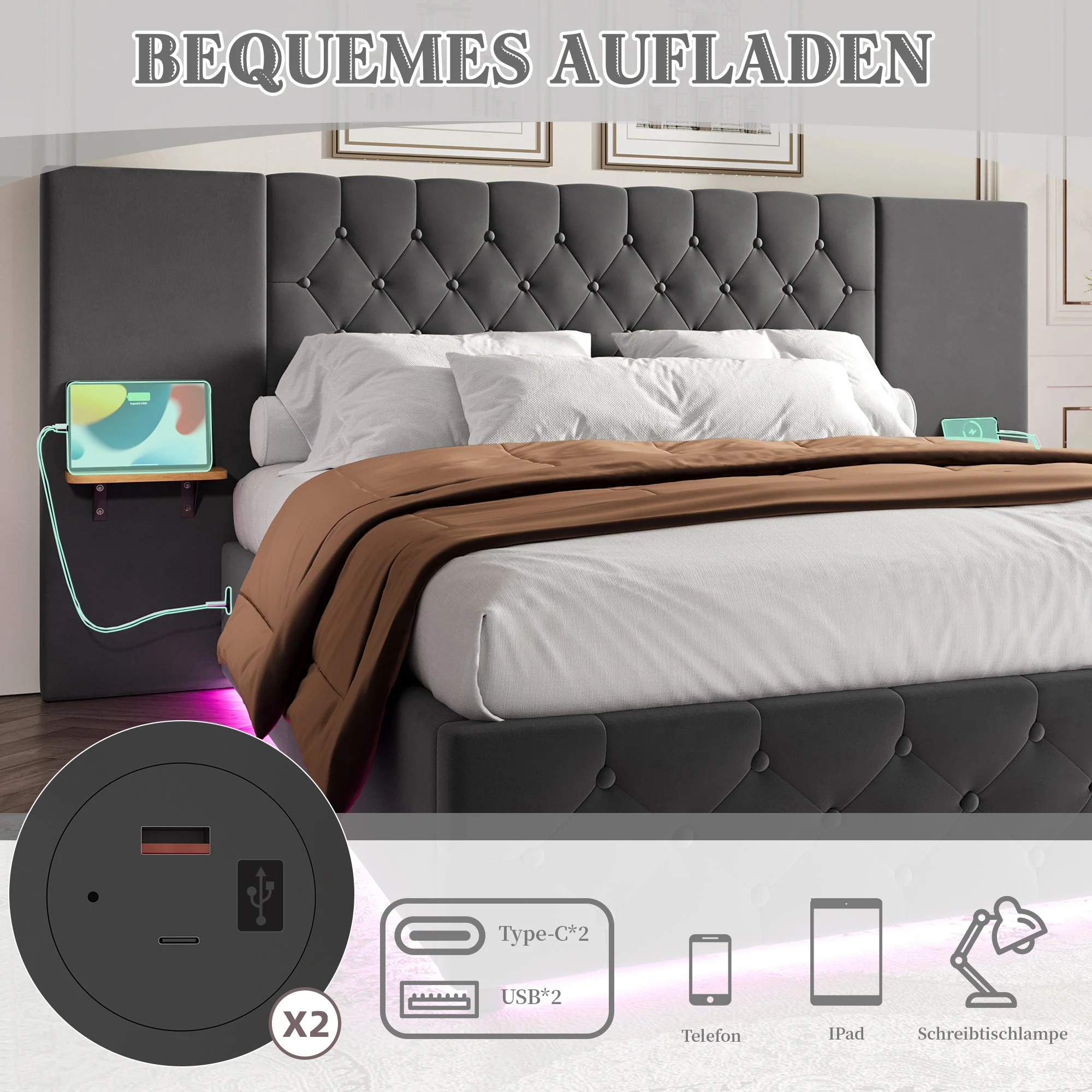 Bed Frame 160x200cm Wide Headboard LED USB Hydraulic Storage System - Image 8