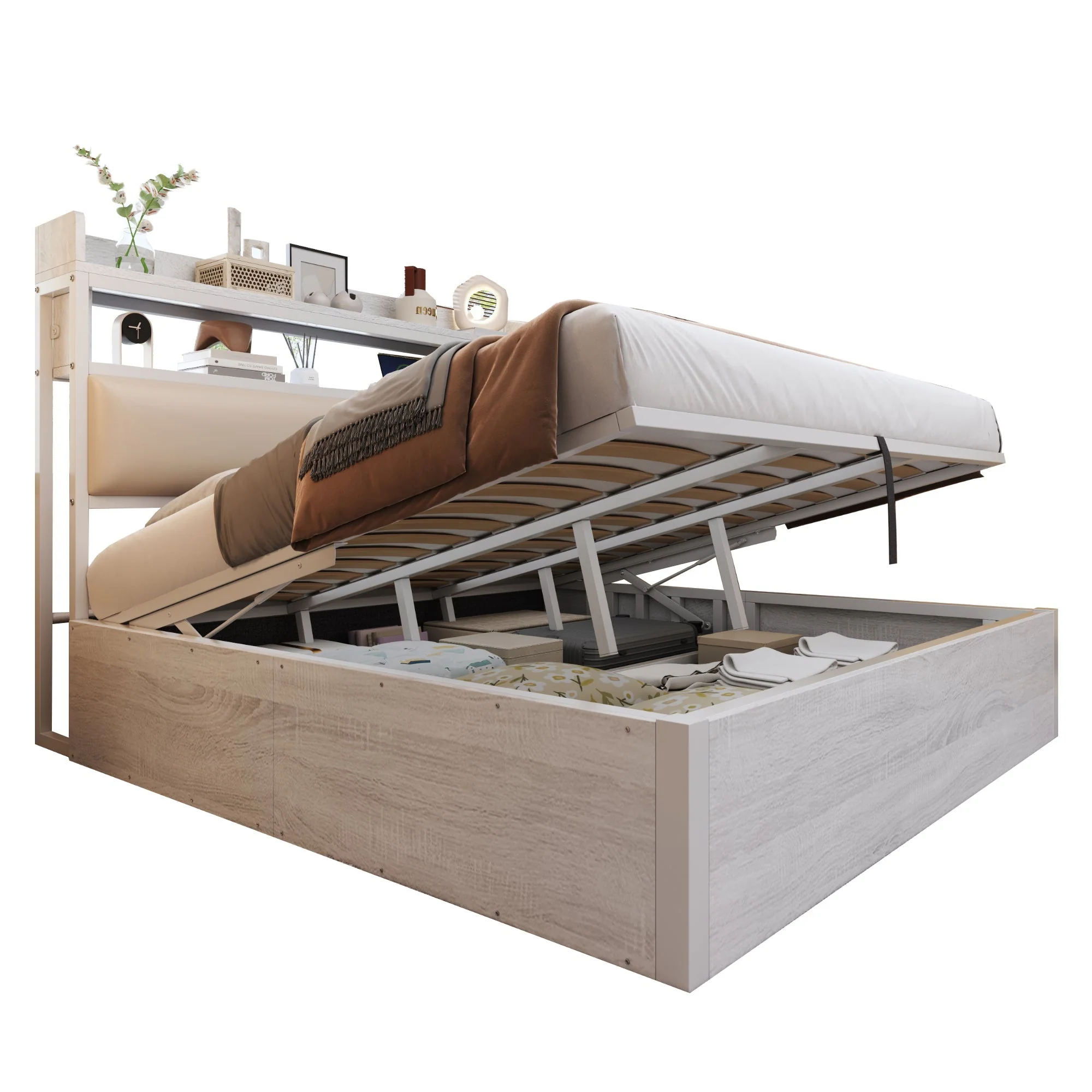 Bed Frame 180x200, Hydraulic Lift, USB, Upholstered Headboard, Hidden Storage, Wood & Metal, White - Image 10