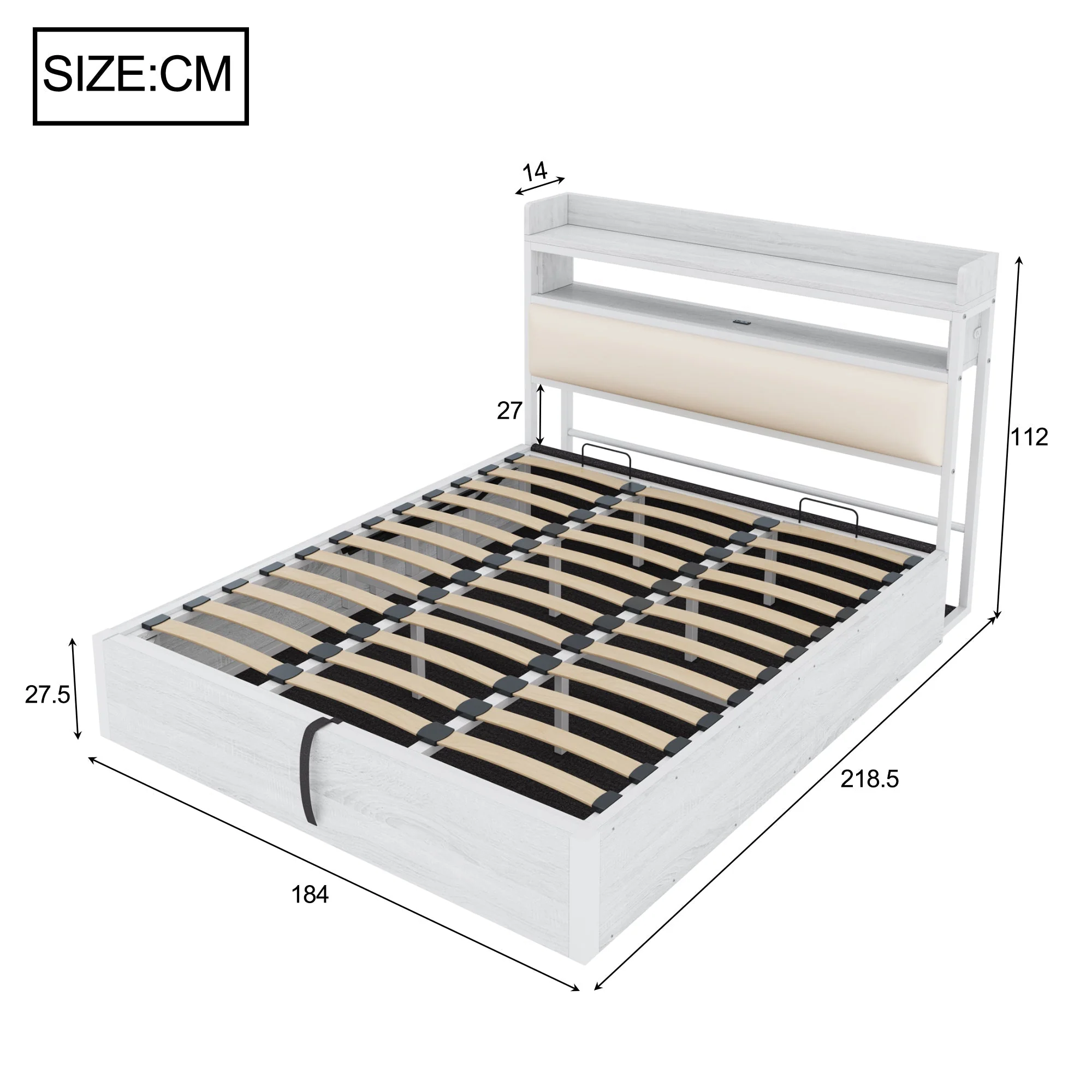Bed Frame 180x200, Hydraulic Lift, USB, Upholstered Headboard, Hidden Storage, Wood & Metal, White - Image 6