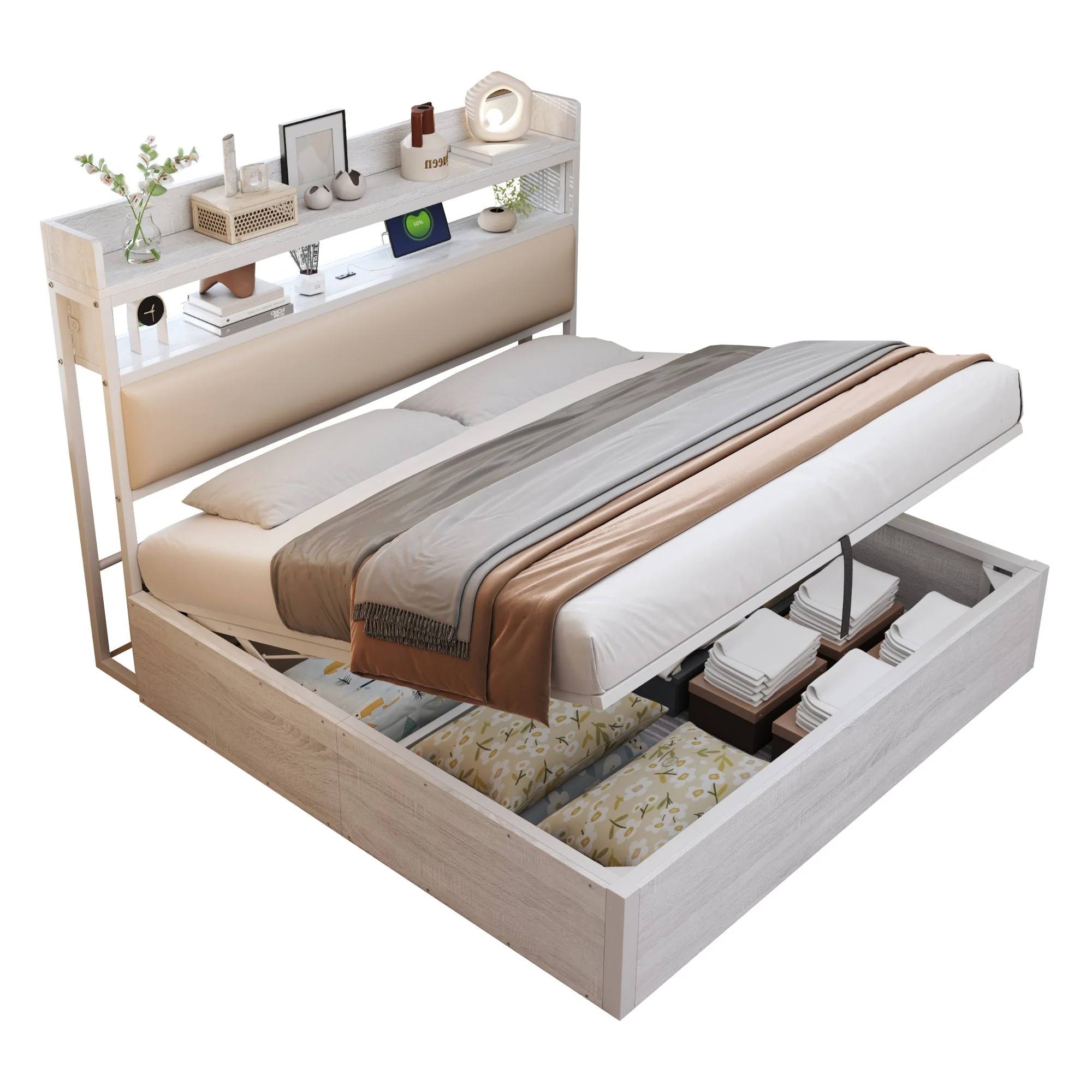 Bed Frame 180x200, Hydraulic Lift, USB, Upholstered Headboard, Hidden Storage, Wood & Metal, White - Image 9