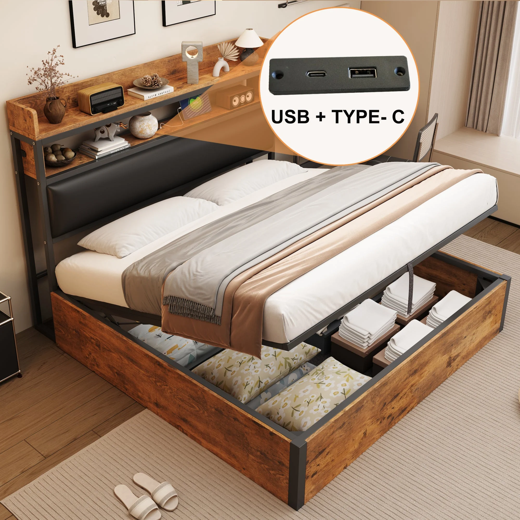 Bed Frame, 180x200, Hydraulic Lift, USB, Upholstered Headboard, Wood & Metal, Black - Image 4