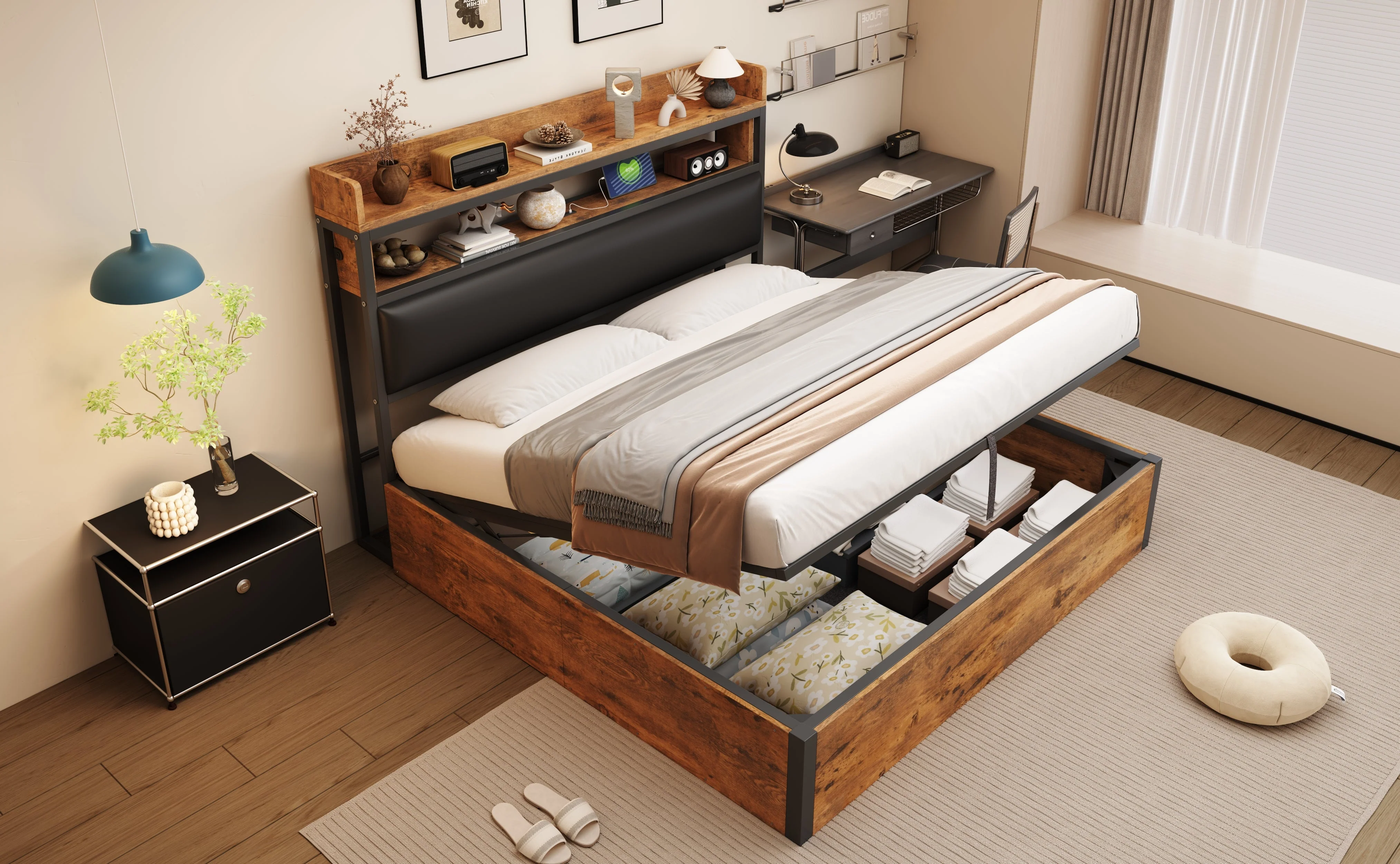 Bed Frame, 180x200, Hydraulic Lift, USB, Upholstered Headboard, Wood & Metal, Black - Image 9