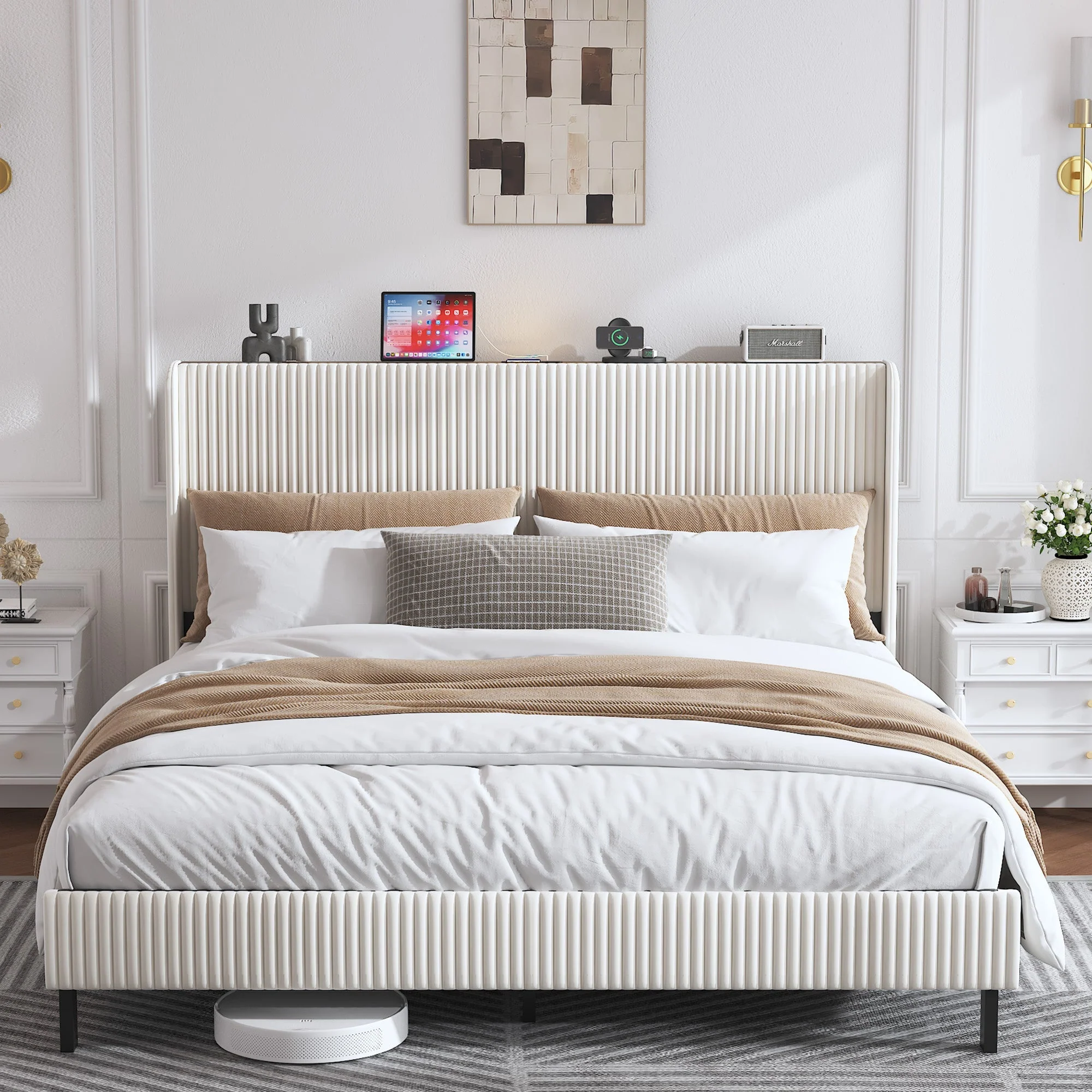Bed Frame 180x200 Upholstered Platform Wing Headboard Metal Slats Fabric - Image 8